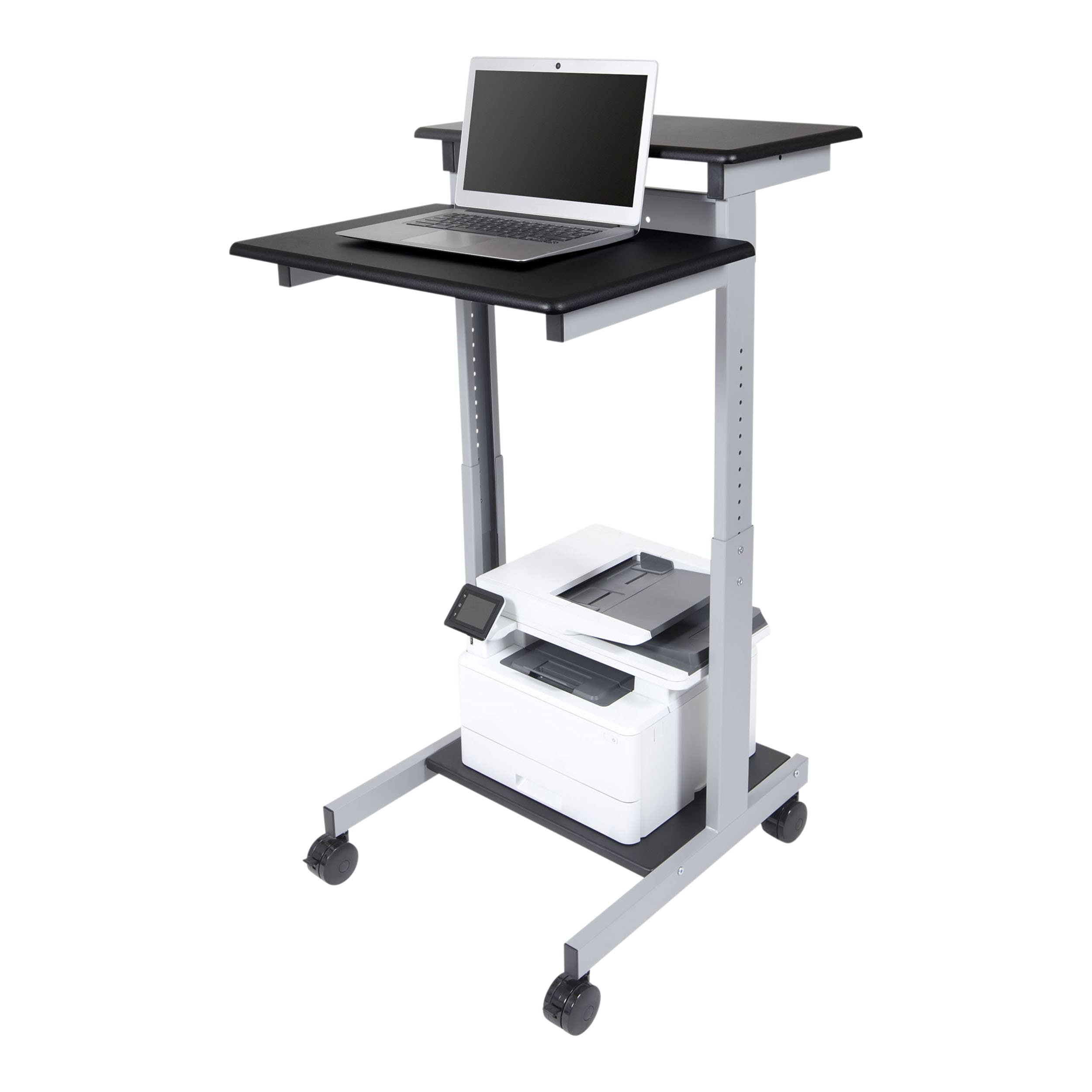Adjustable Height Standing Desk with Wheels - 2-Tier Rolling Computer Workstation (Silver Frame/Black Top, 24