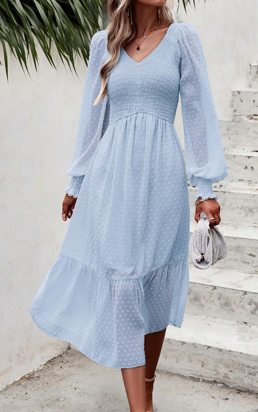 PRETTYGARDEN Women's Floral Swiss Dot Chiffon Dress 2025 - Long Sleeve V-Neck Empire Waist Ruffled Midi Dress for Spring | Perfect for Weddings, Parties & Office Wear