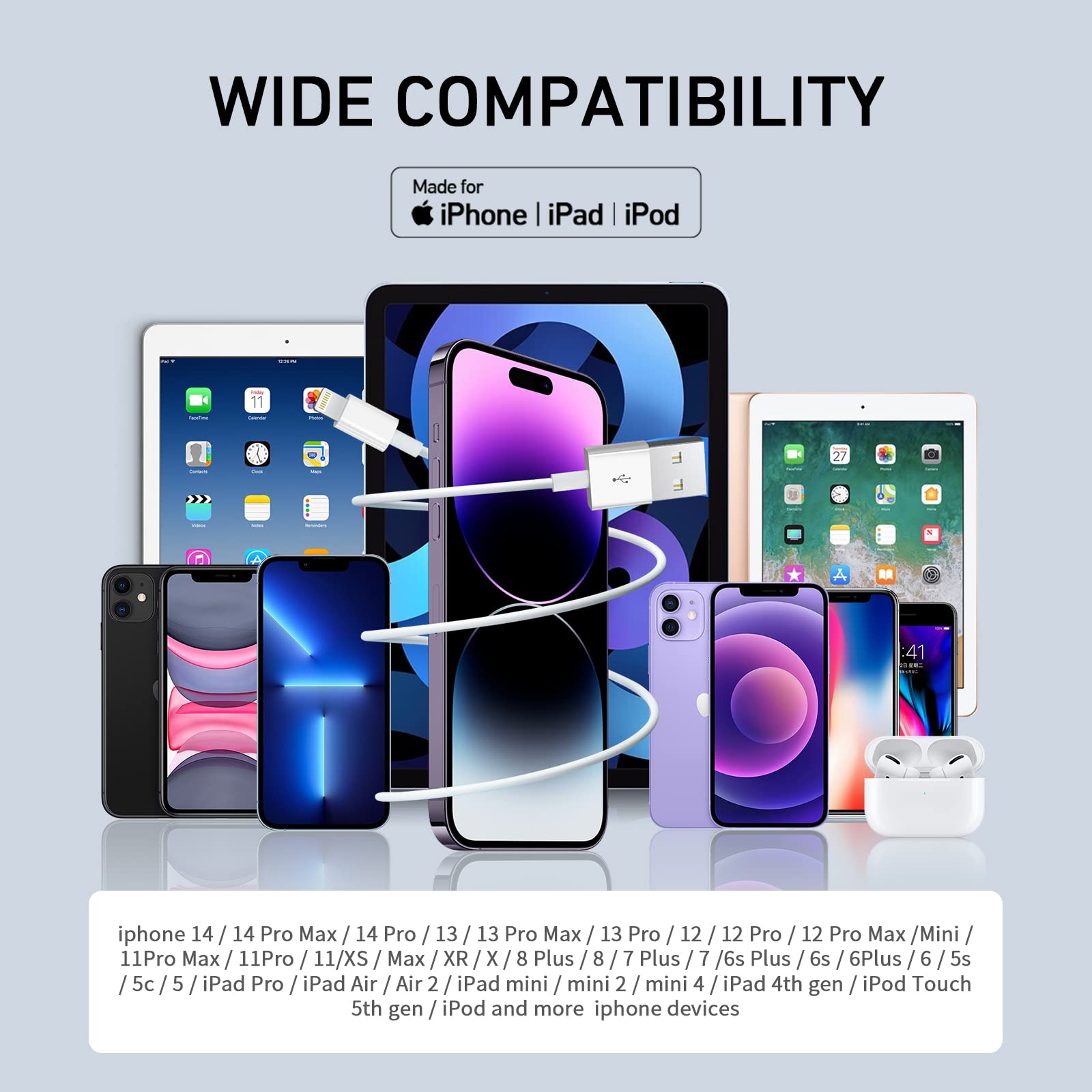 3-Pack 6ft Lightning Cable for iPhone - MFi Certified Fast Charging USB A to Lightning Cable - Compatible with iPhone 14 Pro Max/14 Pro/13/12, iPad & AirPods - Perfect for Home, Office & Travel Charging