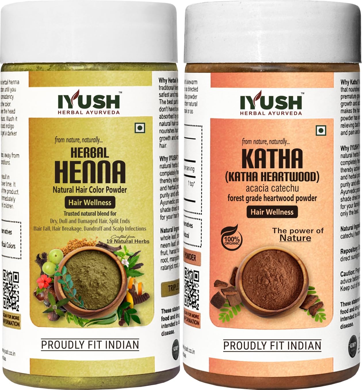 IYUSH Ayurvedic Herbal Mehndi & Katha Powder for Natural Hair Coloring - 200g | Chemical-Free Herbal Hair Dye | Volumizing Hair Powder | 100g Each | Perfect for Gray Coverage & Holistic Hair Care at Home