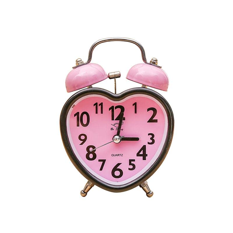 Heart-Shaped Double Bell Alarm Clock with Nightlight - Silent No Ticking, Twin Bell Design for Kids & Girls Bedrooms (Pink) - Perfect for Bedside, Nursery, Dorm Room & Gift Giving