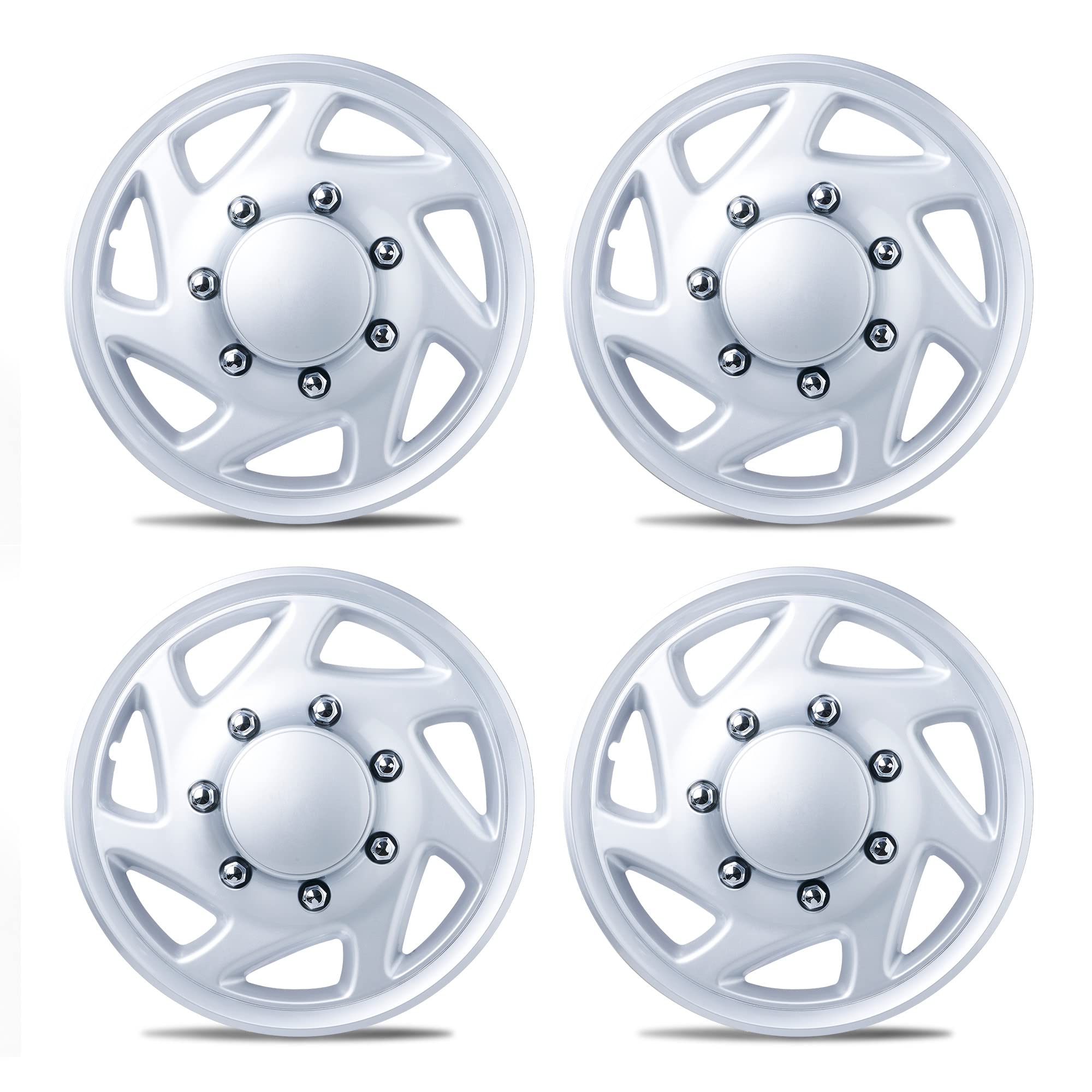 Mayde 16-Inch Silver Hub Caps with Chrome Lug Covers - Set of 4 Replacement Wheel Covers for 1995-2019 Ford Van | Durable & Stylish Upgrade for Commercial Vans & Work Trucks