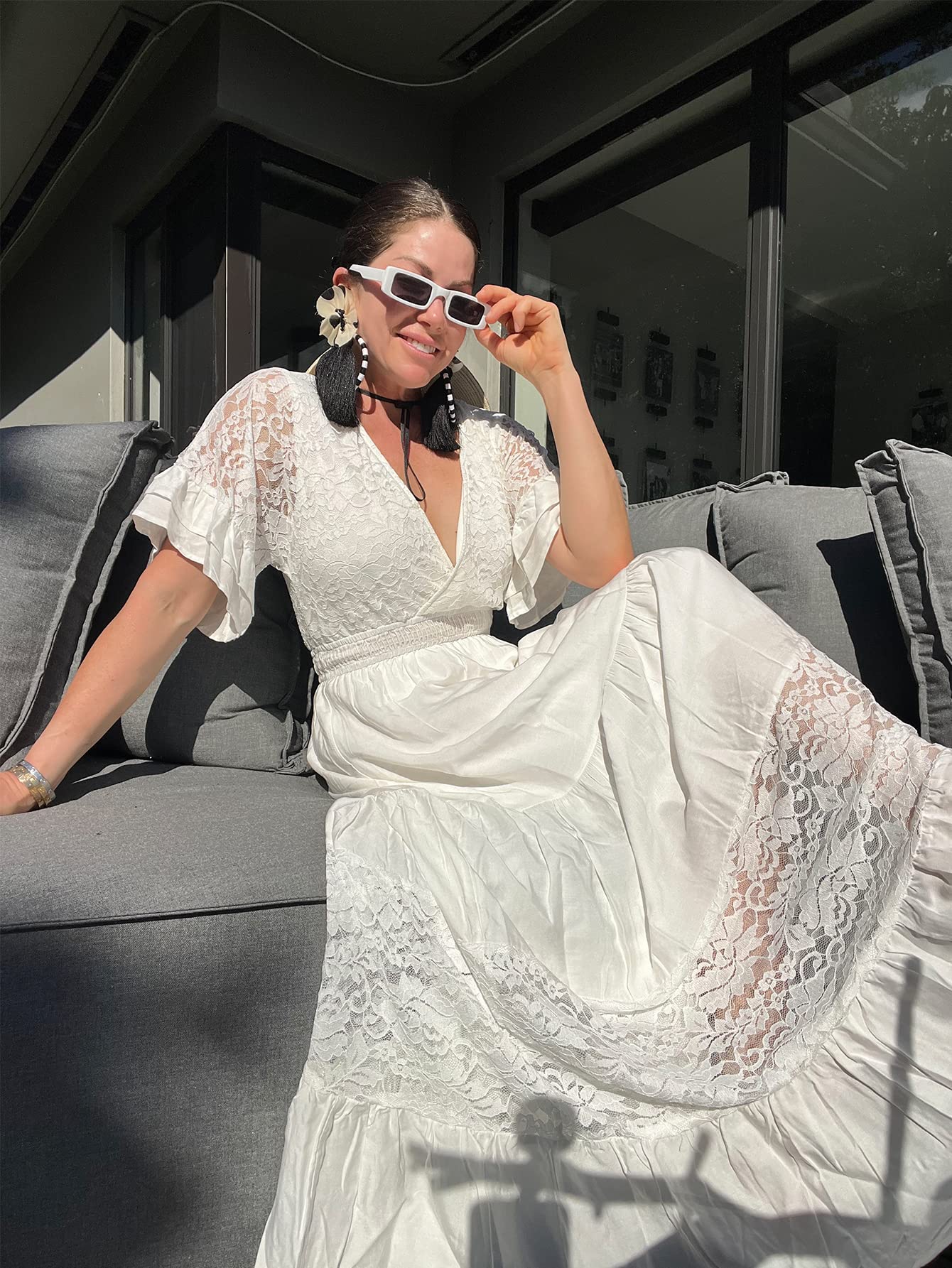 Elegant V-Neck Lace Maxi Dress for Women - Flowy Boho Wedding Guest Dress with Ruffles & Short Sleeves | Perfect for Beach Weddings, Garden Parties & Formal Events