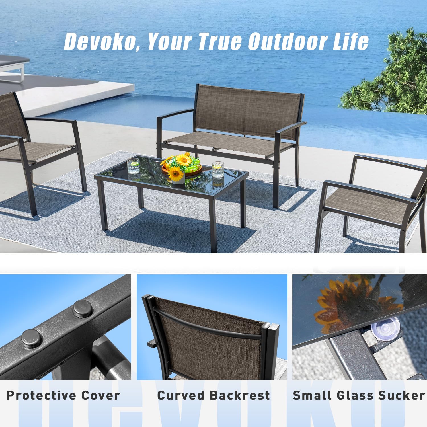 Devoko 4-Piece Outdoor Patio Furniture Set - Brown Wicker Garden Conversation Set with Tempered Glass Coffee Table for Poolside, Lawn, Porch & Backyard Relaxation