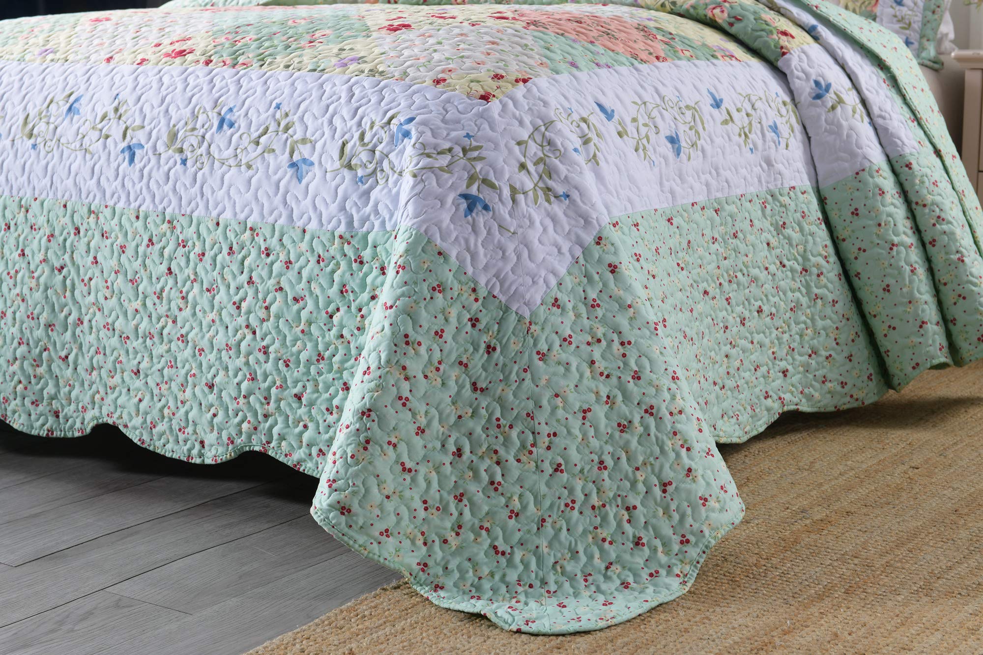MarCielo 3-Piece Floral Printed Quilt Set - Lightweight Bedspread Coverlet Set in Romantic Green (King Size) for Master Bedroom, Guest Room & Cozy Home Decor