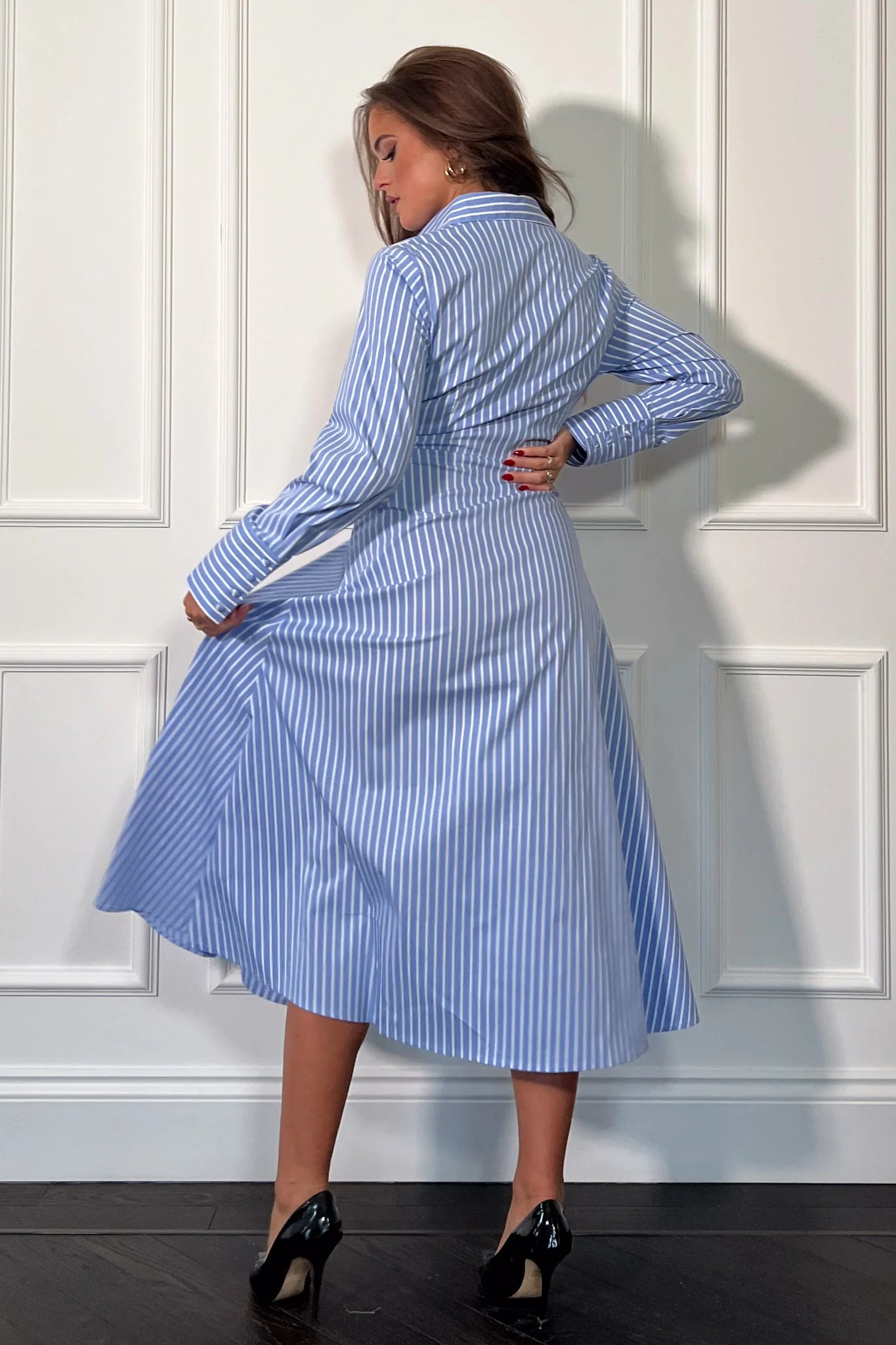 Isabella Blue Pin Stripe Tie Front Dress - Women's Elegant Casual Summer Dress for Office, Party & Date Night