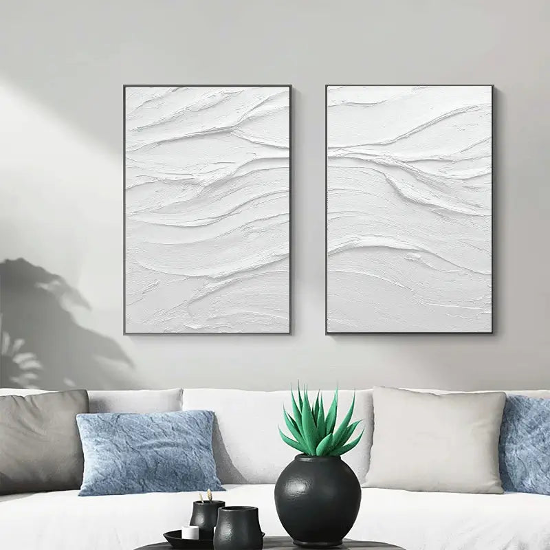 White Minimalist Textured Paintings Canvas Set of 2 - Modern Abstract Wall Art for Living Room, Bedroom & Office Decor #MM050