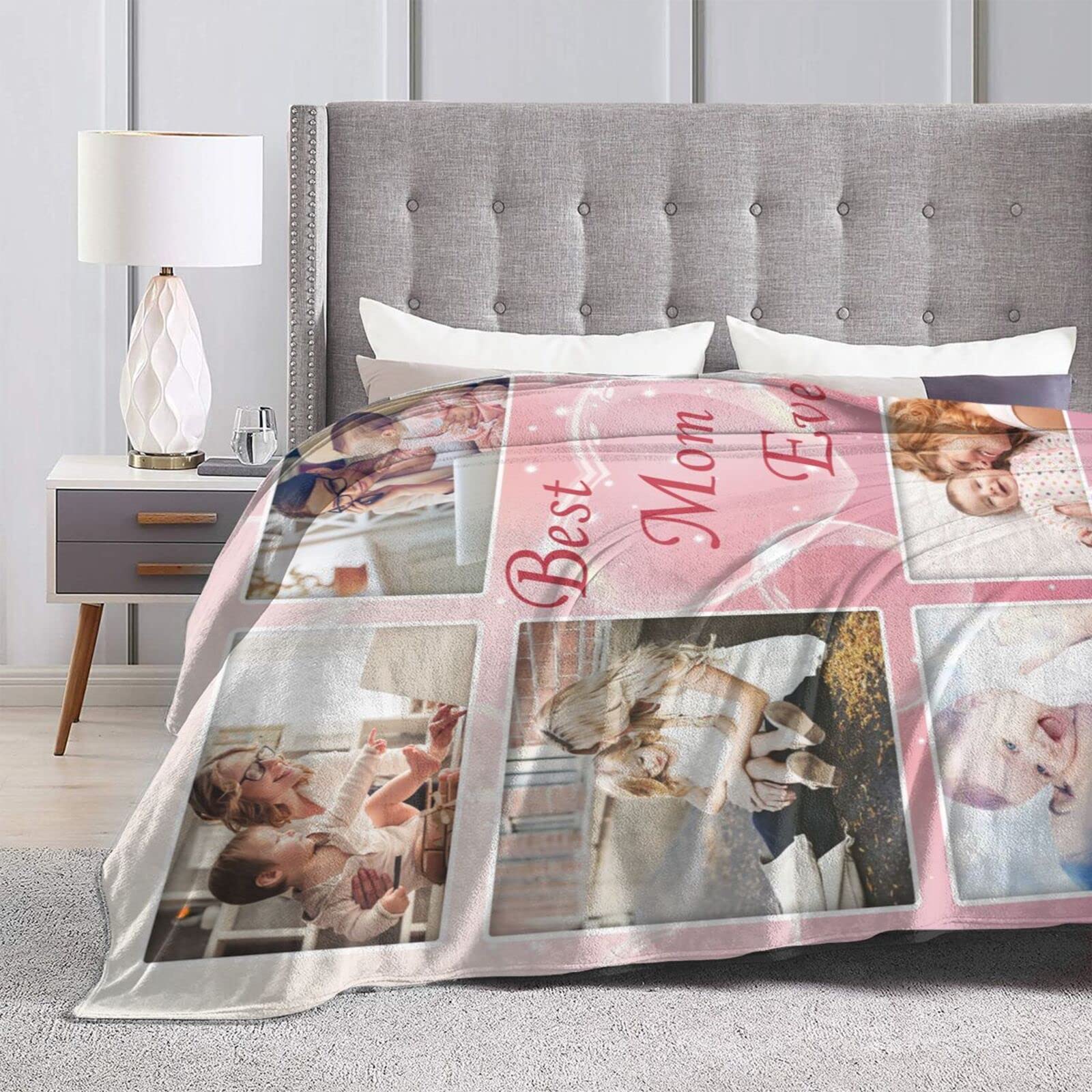 Best Mom Ever Custom Photo Blanket - Personalized Picture Blanket with 5 Photos - Thoughtful Gift for Mother's Day, Birthday, Christmas, Father's Day & New Year - Cozy Home Decor for Living Room, Bedroom & Special Occasions