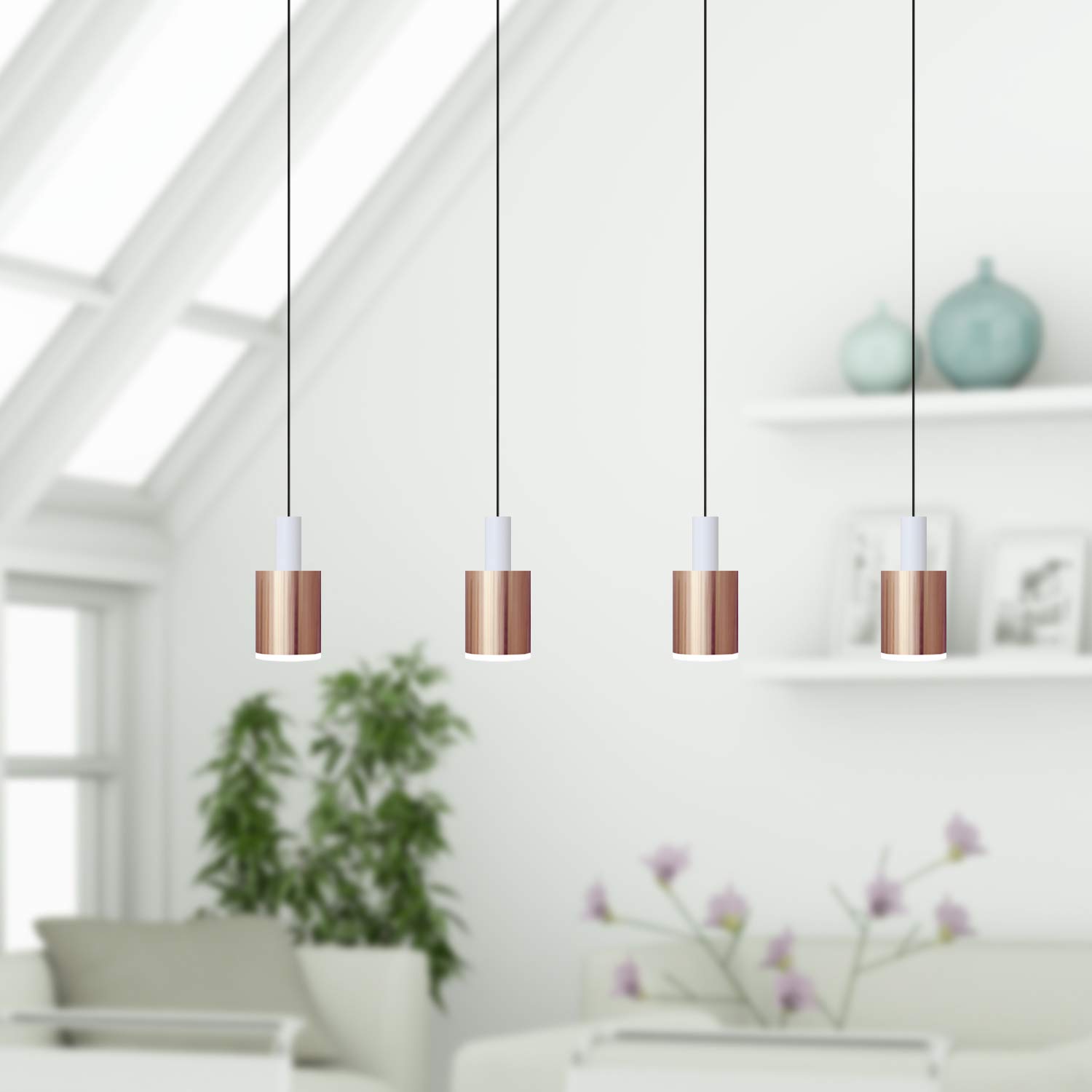 Virgo 4 Mini Pendant Lighting White-Copper - Dimmable LED Hanging Light Fixture with Adjustable Wire & Included Bulb - Perfect for Kitchen Island, Bar Counter, Foyer & Dining Room Decoration