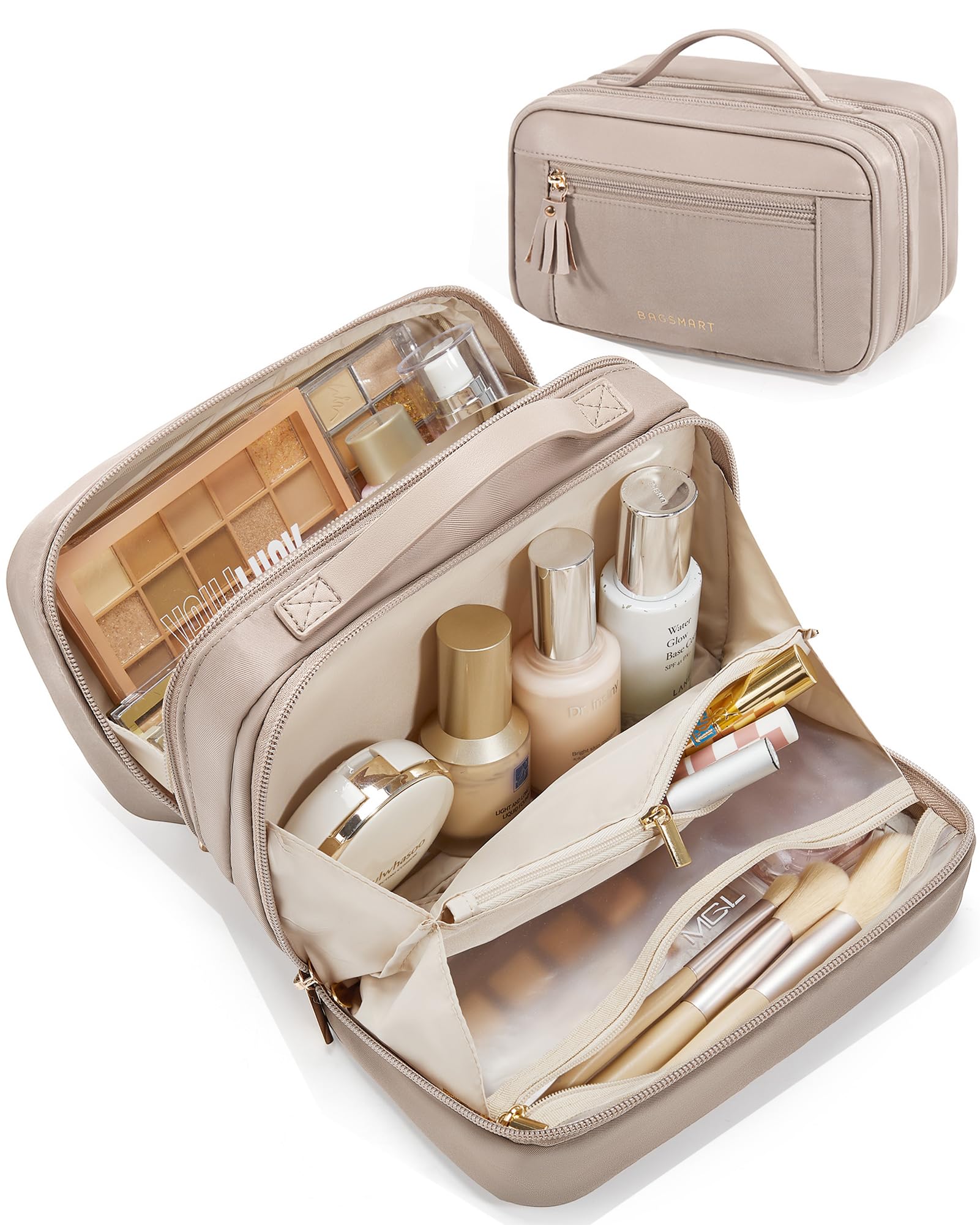 BAGSMART Large Travel Makeup Bag for Women - Spacious Cosmetic Organizer with Wide Opening, Perfect for Travel Essentials, Toiletries, Brushes & Bottles | Portable Makeup Case for Vacation, Business Trips & Daily Use (Champagne)