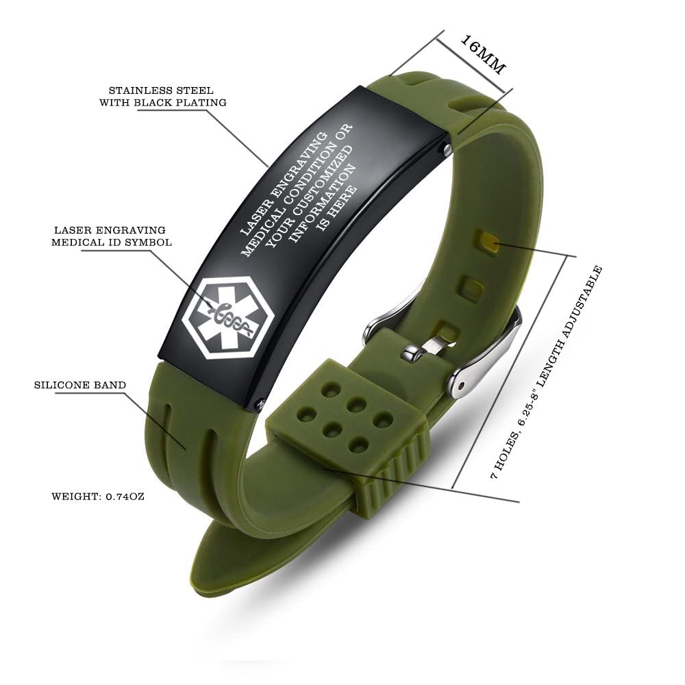 Adjustable Medical Alert Bracelet for Men & Women - 8.5 Inch Sport Silicone ID Bracelet with Free Engraving - Emergency Medical Information for Seniors, Diabetics & Allergy Sufferers - Perfect for Running, Travel & Daily Wear
