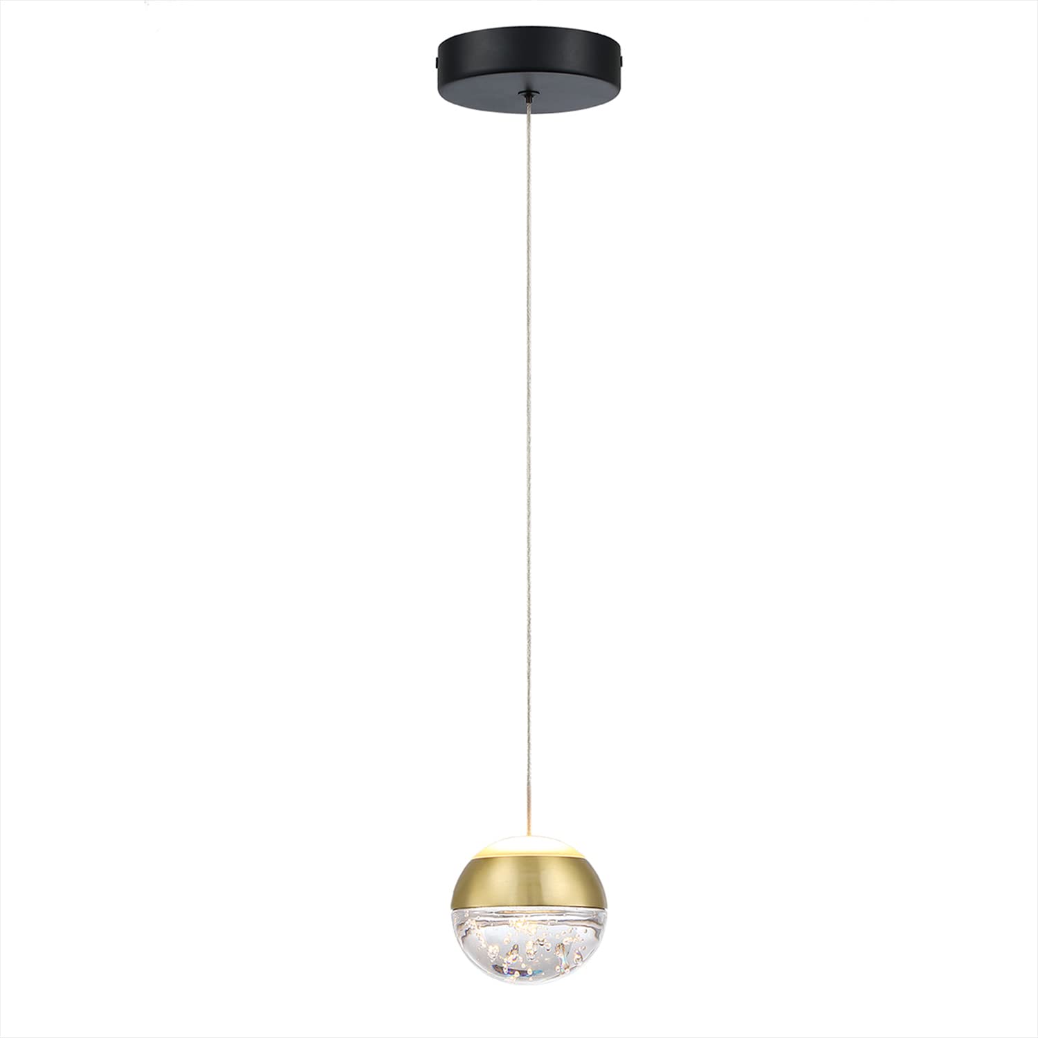 JoollySun LED Single Pendant Light Fixture - Modern Mini Ceiling Hanging Light with Bubble Crystal Ball in Brushed Gold - Perfect for Kitchen Island, Bathroom Vanity, Bedside, and Bar Counter Lighting