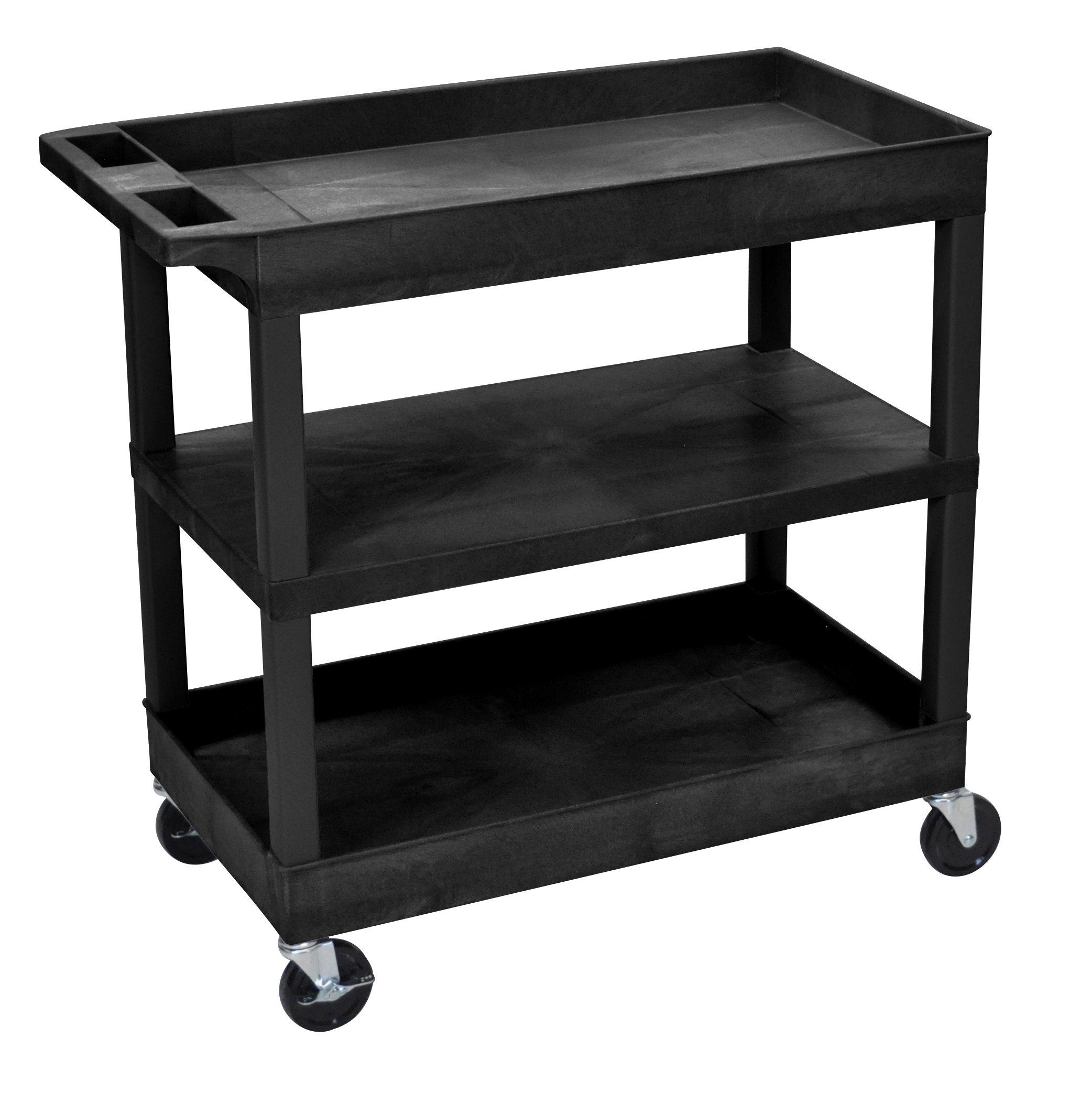 Luxor EC121 Black Utility Cart with 2 Tubs & 1 Flat Shelf - 18
