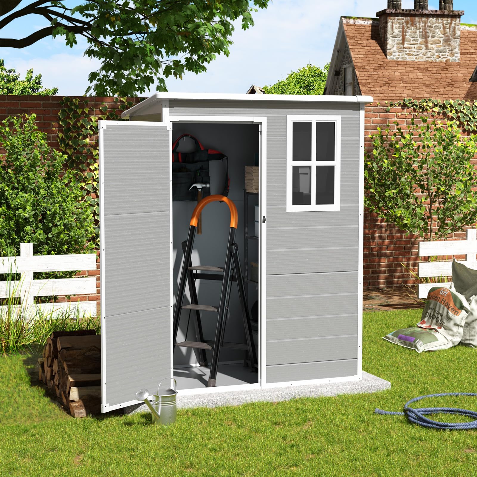 5x3FT Outdoor Storage Shed - Waterproof Resin Tool Shed with Lockable Door & Window | Perfect for Bike Storage, Garbage Cans, Garden Accessories & Outdoor Equipment (Grey & White) - Ideal for Backyard, Patio & Garage Organization