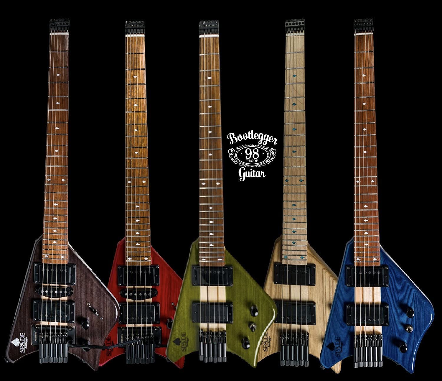 Bootlegger Guitar Spade Travel Electric Headless Guitar - Pro Series Standard Strings, Full Scale, Custom Small Travel Guitar with Stiletto Hard Case - Perfect for Recording, Gigs & Traveling Musicians