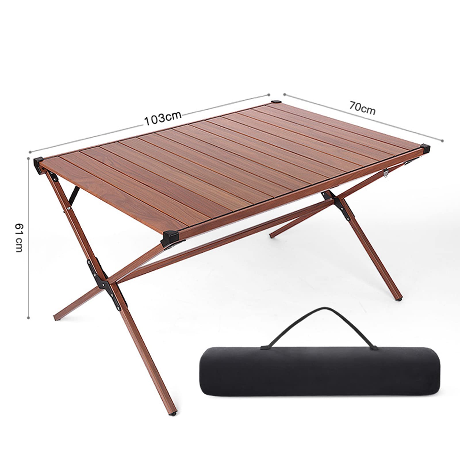 Portable Aluminum Folding Camping Table - Lightweight Roll-Up Picnic Table with Wood Grain Finish, Stable Outdoor Furniture for BBQ, Backyard Parties, Beach Trips & Tailgating (Black, Large 103cm) - Perfect for Camping, Hiking, Picnics & Outdoor Adventures