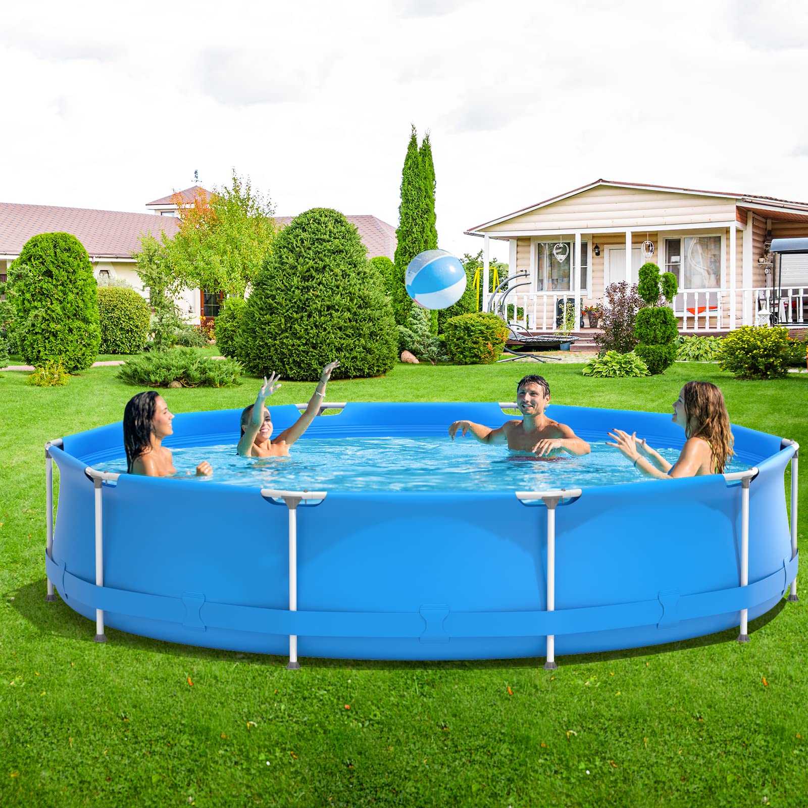GYMAX 12ft x 31.5inch Above Ground Steel Frame Swimming Pool with Cover | Durable Outdoor Backyard Pool for Adults & Kids | Perfect for Summer Fun, Family Gatherings & Backyard Parties