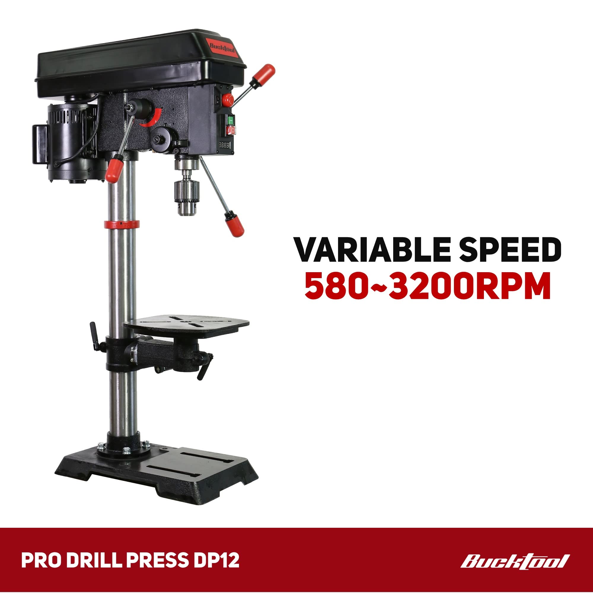 BUCKTOOL 12 Inch 6.2A Professional Bench Drill Press - 3/4HP Powerful Benchtop Drill Press with Variable Speed, IIIA Laser & Work Light - Perfect for Woodworking, Metalworking & DIY Projects