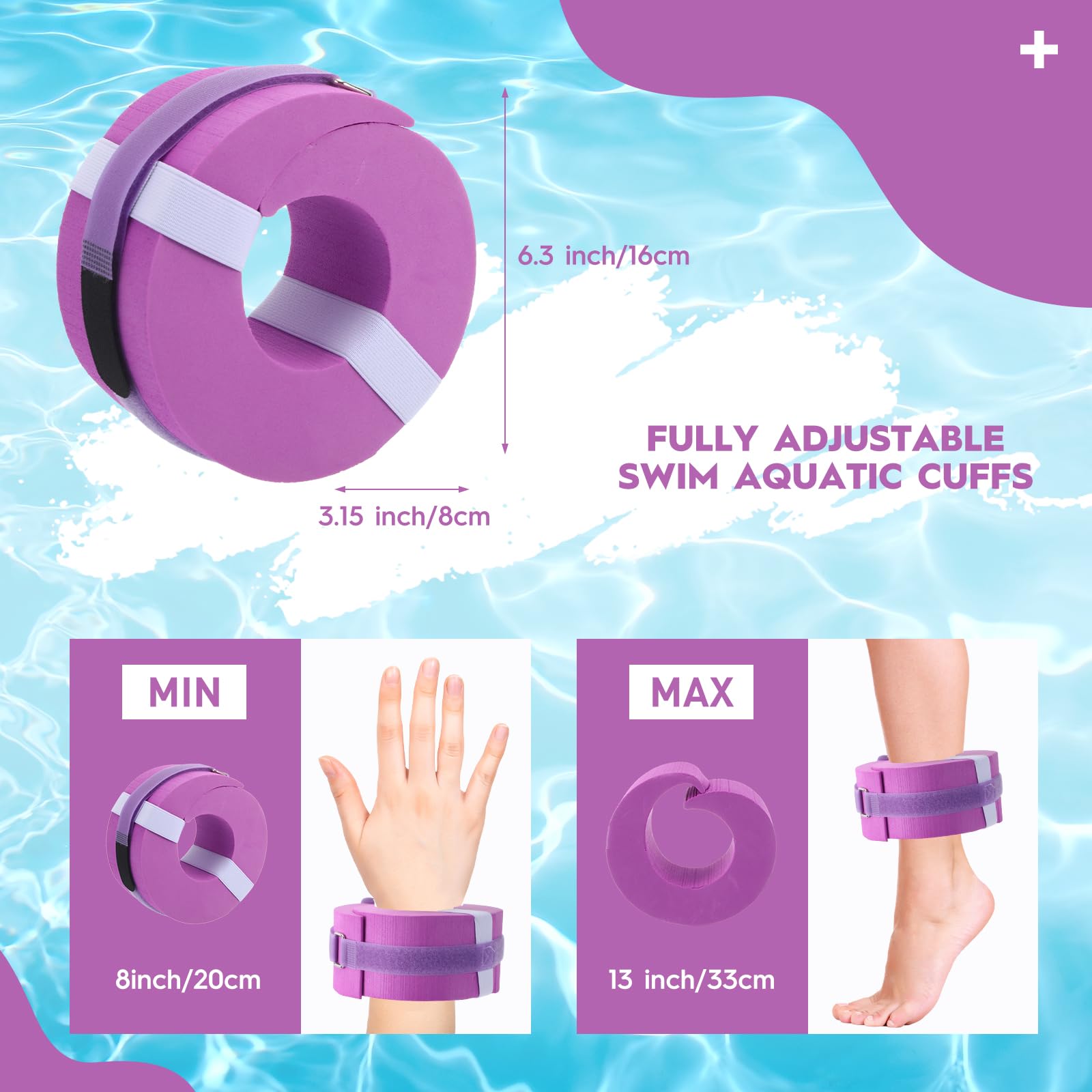 2 Pcs Foam Swim Aquatic Cuffs - Water Aerobics Float Rings with Detachable Hook & Loop Fastener - Swimming Fitness Training Equipment for Pool Workouts & Exercise - Perfect for Water Aerobics, Swim Training, and Aquatic Therapy