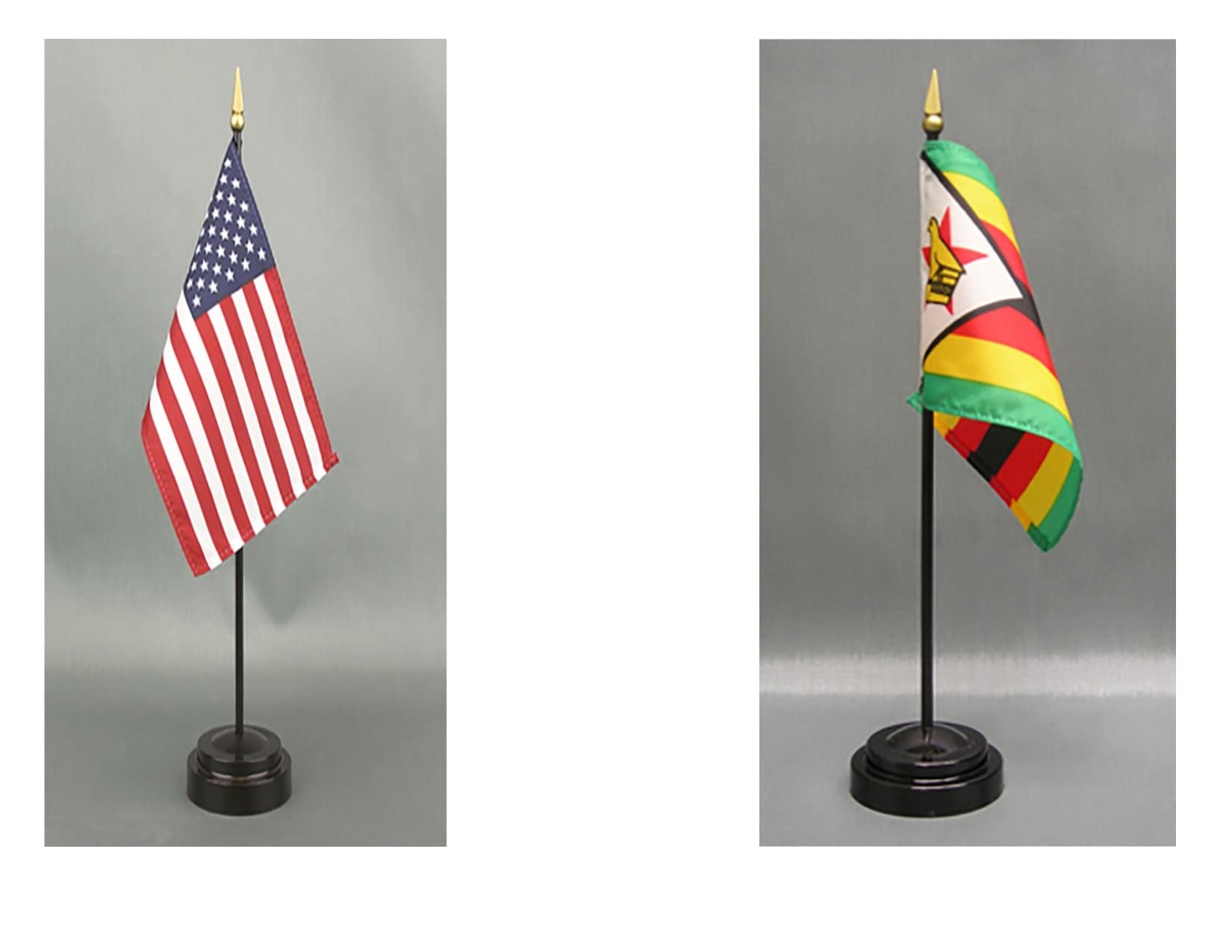 American Made Zimbabwe Desk Flag Set - 4x6 inch Rayon Office Desk & Hand Waving Table Flags with 2 Stands (USA & Zimbabwe Flags) - Perfect for Offices, Classrooms, and International Events