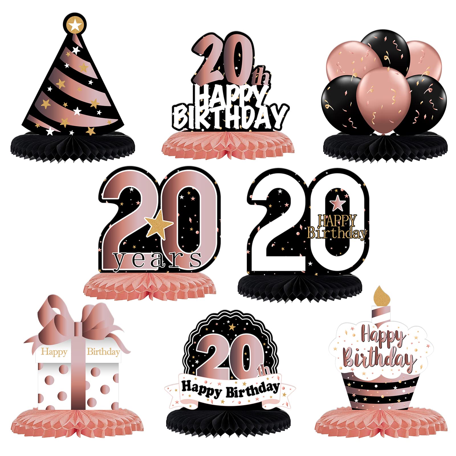 LINGTEER Rose Gold 20th Birthday Party Decorations - Honeycomb Centerpieces for Table, Cheers to Twenty Years Old Sign, Perfect for Birthday Celebrations & Anniversaries