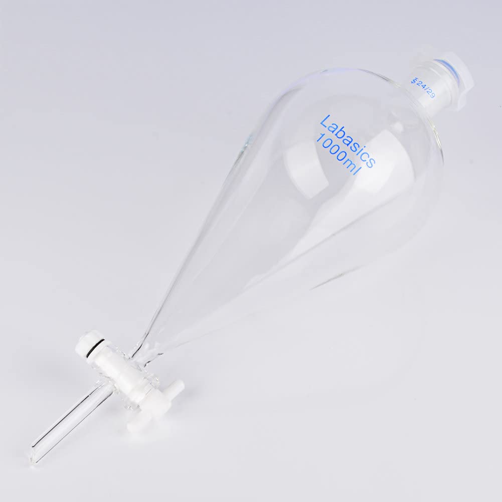 Labasics 1000ml Heavy Wall Borosilicate Glass Conical Separatory Funnel with 24/29 Joints & PTFE Stopcock - Ideal for Chemistry Labs, Liquid Extraction, and Solvent Separation