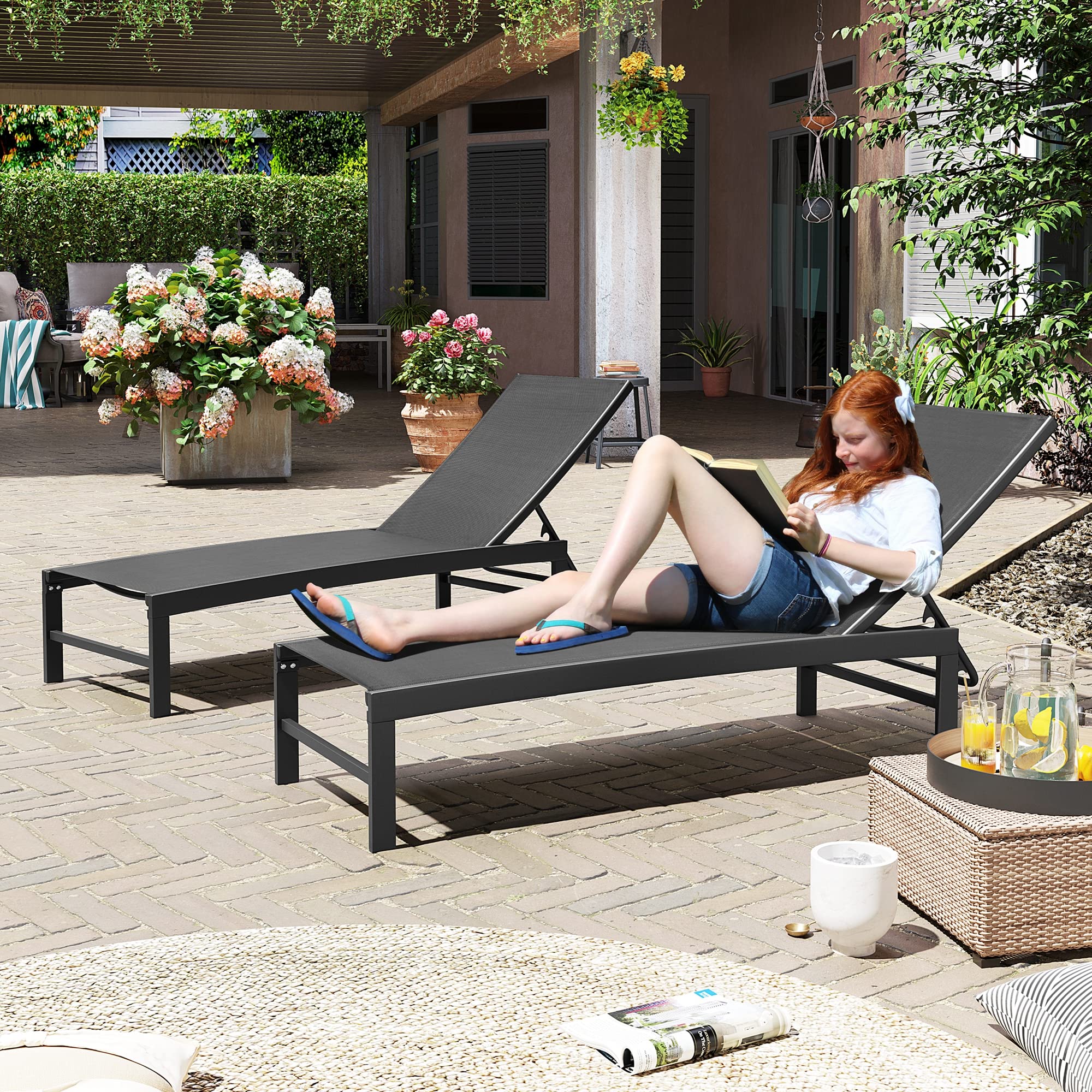 Premium Aluminum Outdoor Lounge Chair Set of 2 - Adjustable 5-Position Recliner, All-Weather Poolside Chaise for Patio, Beach & Backyard - Perfect for Sunbathing, Relaxing by the Pool or Garden Lounging (Black)