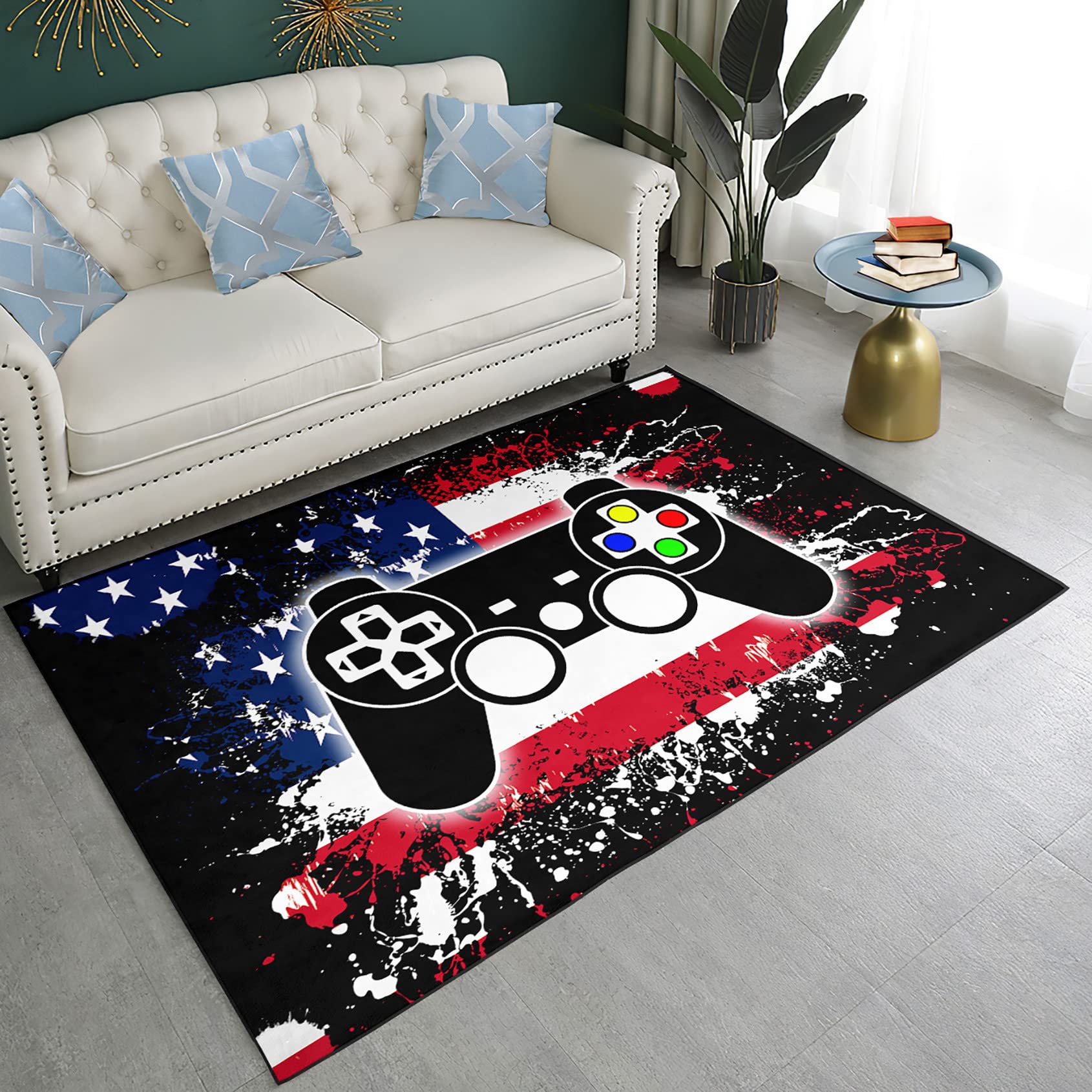 Gamer Rug - Black American Flag with Gamepad for Living Room & Bedroom - 59x39