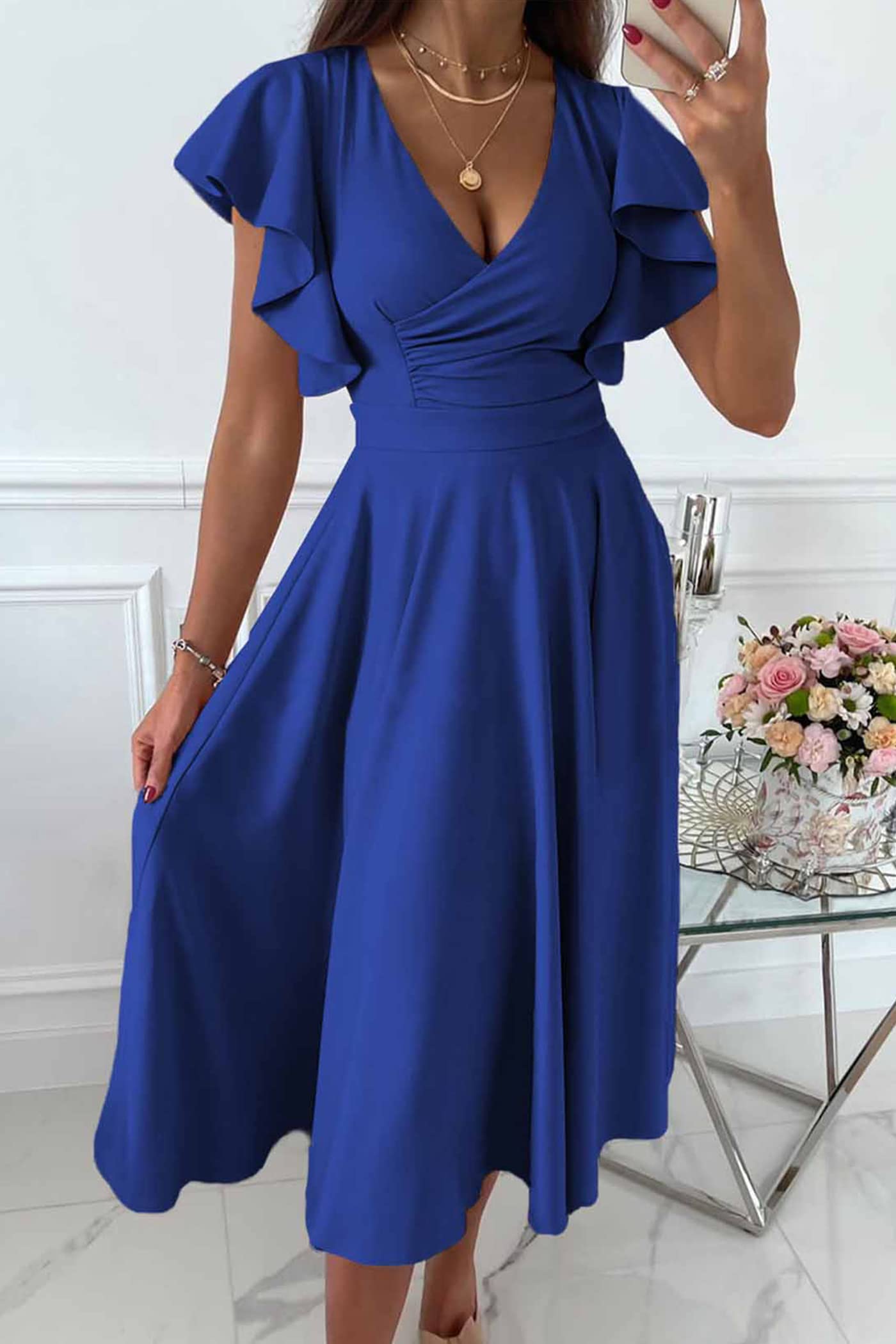 PRETTYGARDEN Women's Summer Midi Dress 2025 | Ruffle Sleeve V-Neck A-Line Cocktail Dress | Wedding Guest, Party & Spring Outfit | Flattering Fit & Flare Design for Special Occasions
