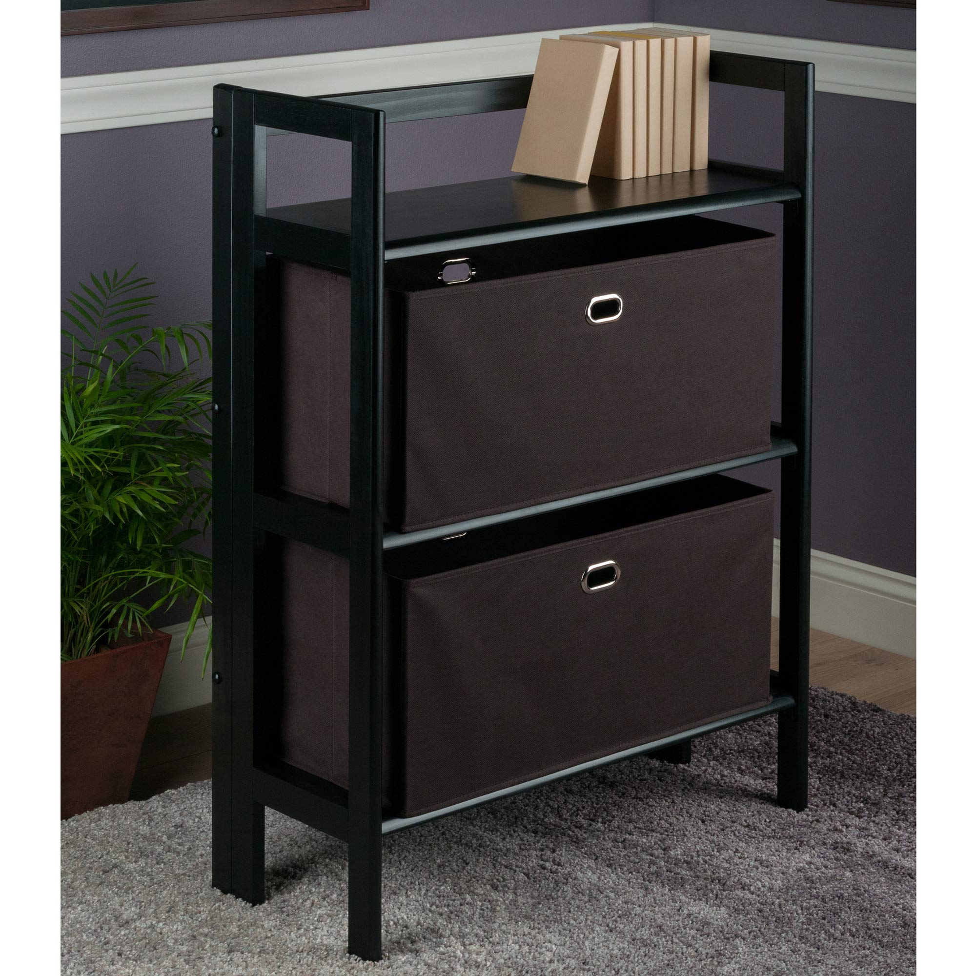 Modern Torino 3-Piece Folding Bookcase Set with Fabric Baskets - Space-Saving Storage Solution for Living Room, Bedroom, or Home Office