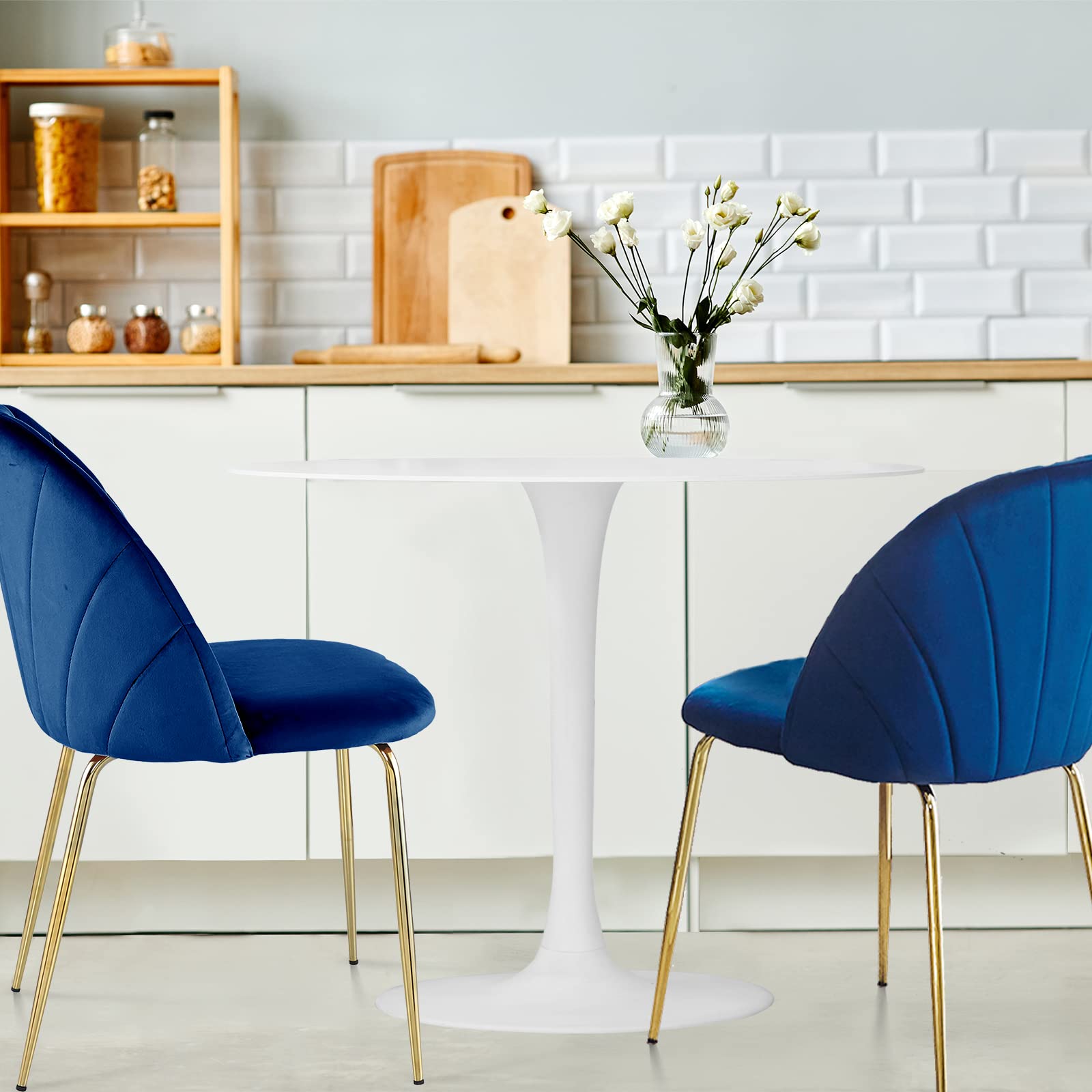 3-Piece Mid Century Modern Dining Set - Round Tulip Table & 2 Velvet Upholstered Chairs, Blue - Comfortable Kitchen & Dining Room Furniture for Small Spaces, Breakfast Nook, Apartment Living