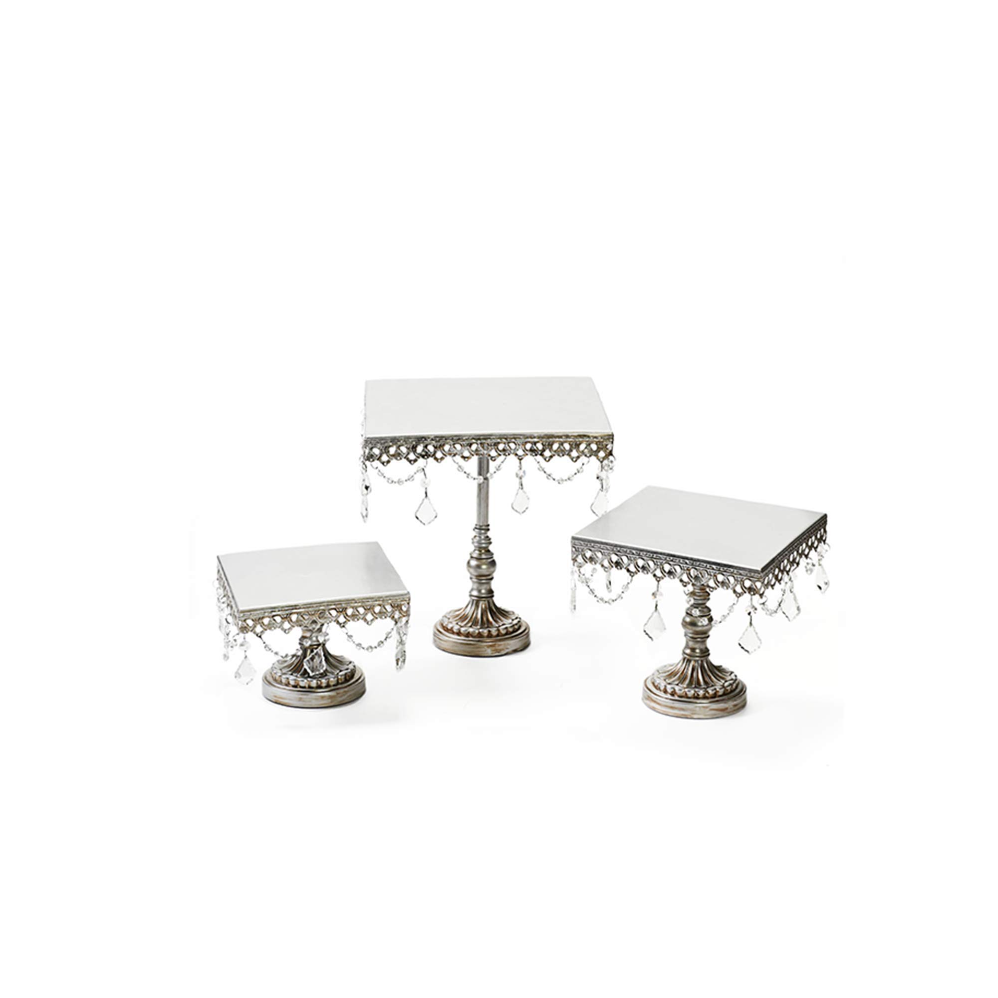 Antique Silver Cake Stand Set of 3 - Square Metal Serving Plates with Chandelier Accents for Wedding, Cupcake & Dessert Display - Perfect for Bridal Showers, Tea Parties & Elegant Home Decor