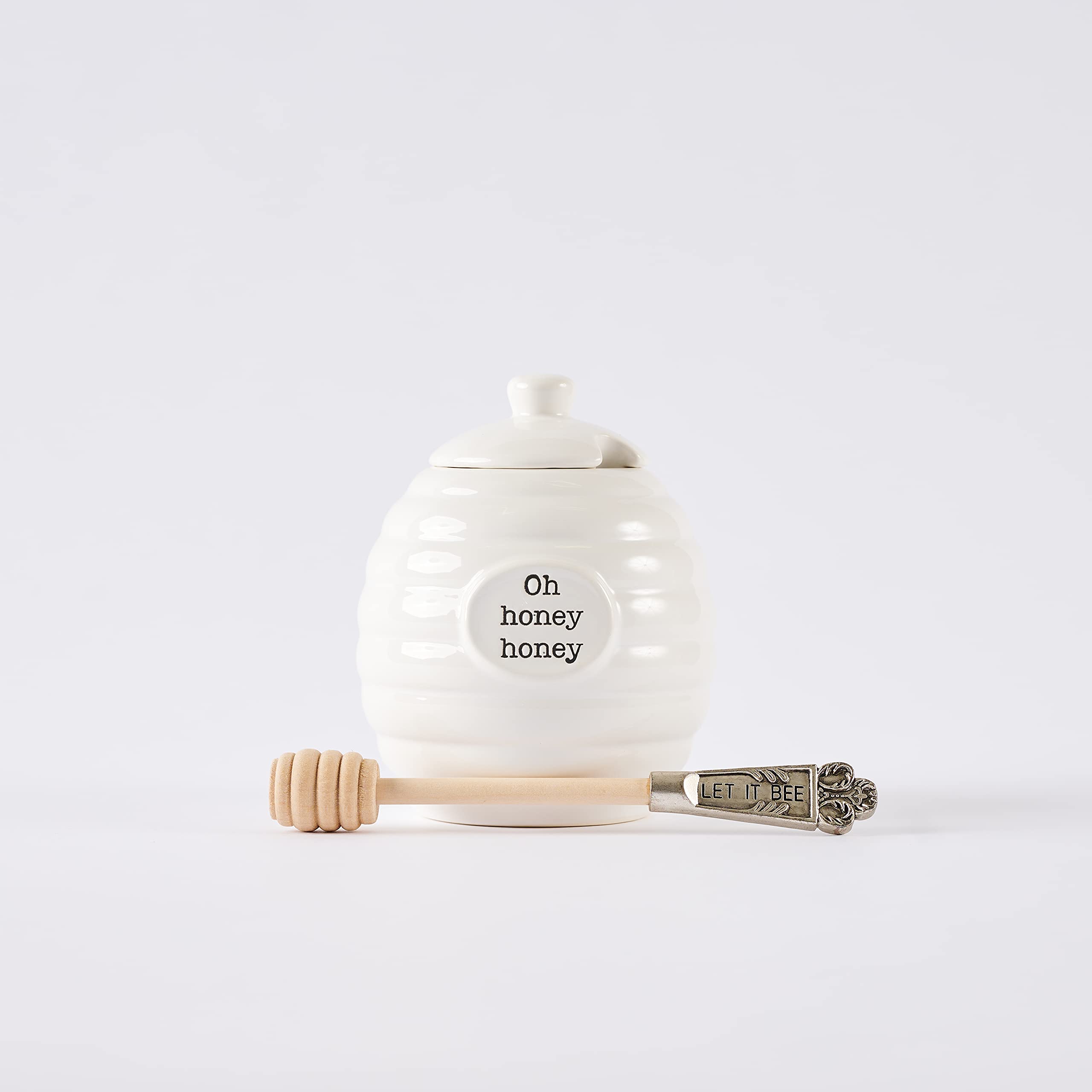 Mud Pie Honey Pot Serving Set - 4-Piece White Ceramic Honey Jar with Dipper - Perfect for Tea, Coffee, and Breakfast Table Setting