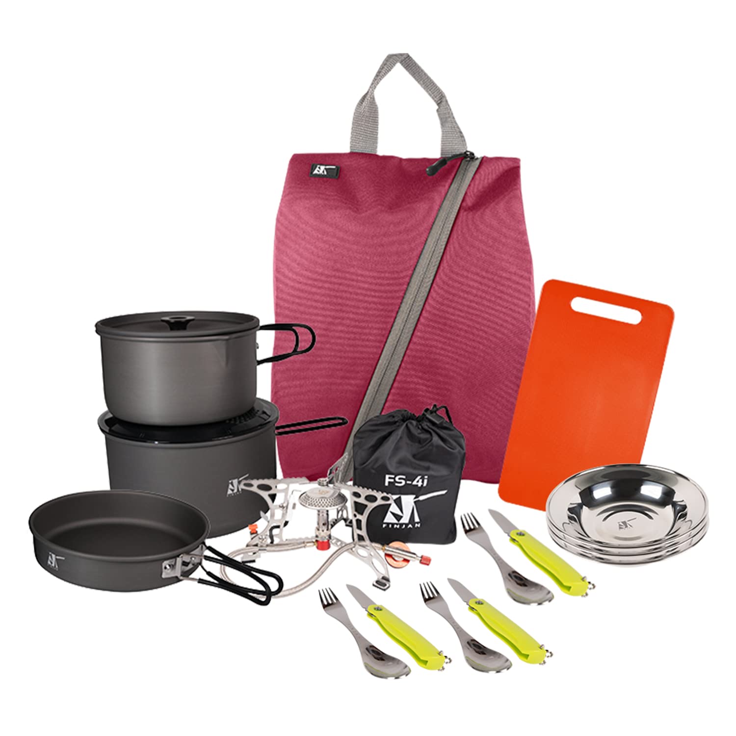 FINJAN Portable Backpacking Cooking Kit - 3-Person Camping Cookware Set with Stove, Pots, Pan, Knife & Cutlery | Compact Foldable Design for Hiking, Backpacking & Outdoor Adventures | Includes Convenient Carry Sack & Soft Storage Case