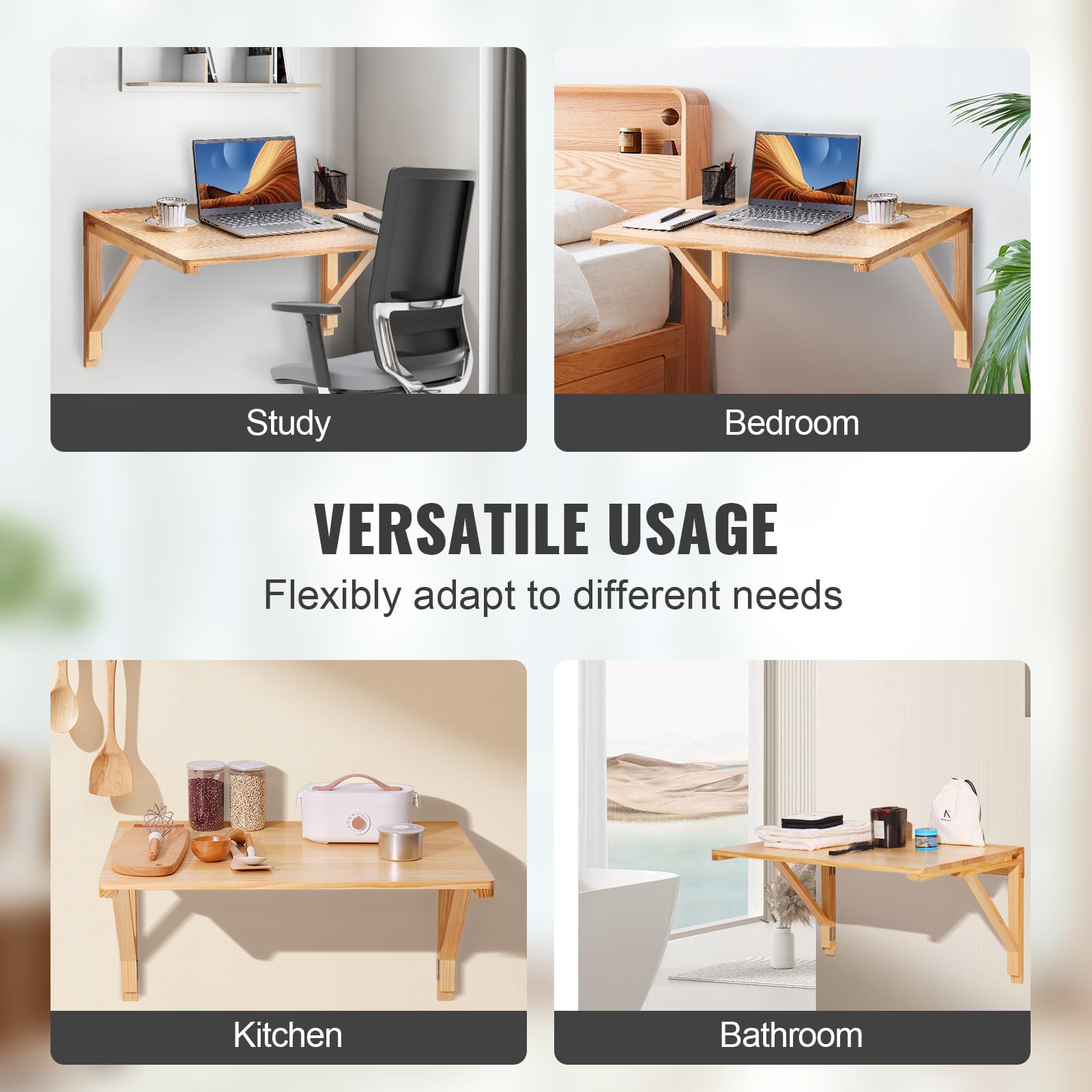 VEVOR Wall Mounted Folding Table - Solid Wood Drop Leaf Floating Desk for Small Spaces (31.5