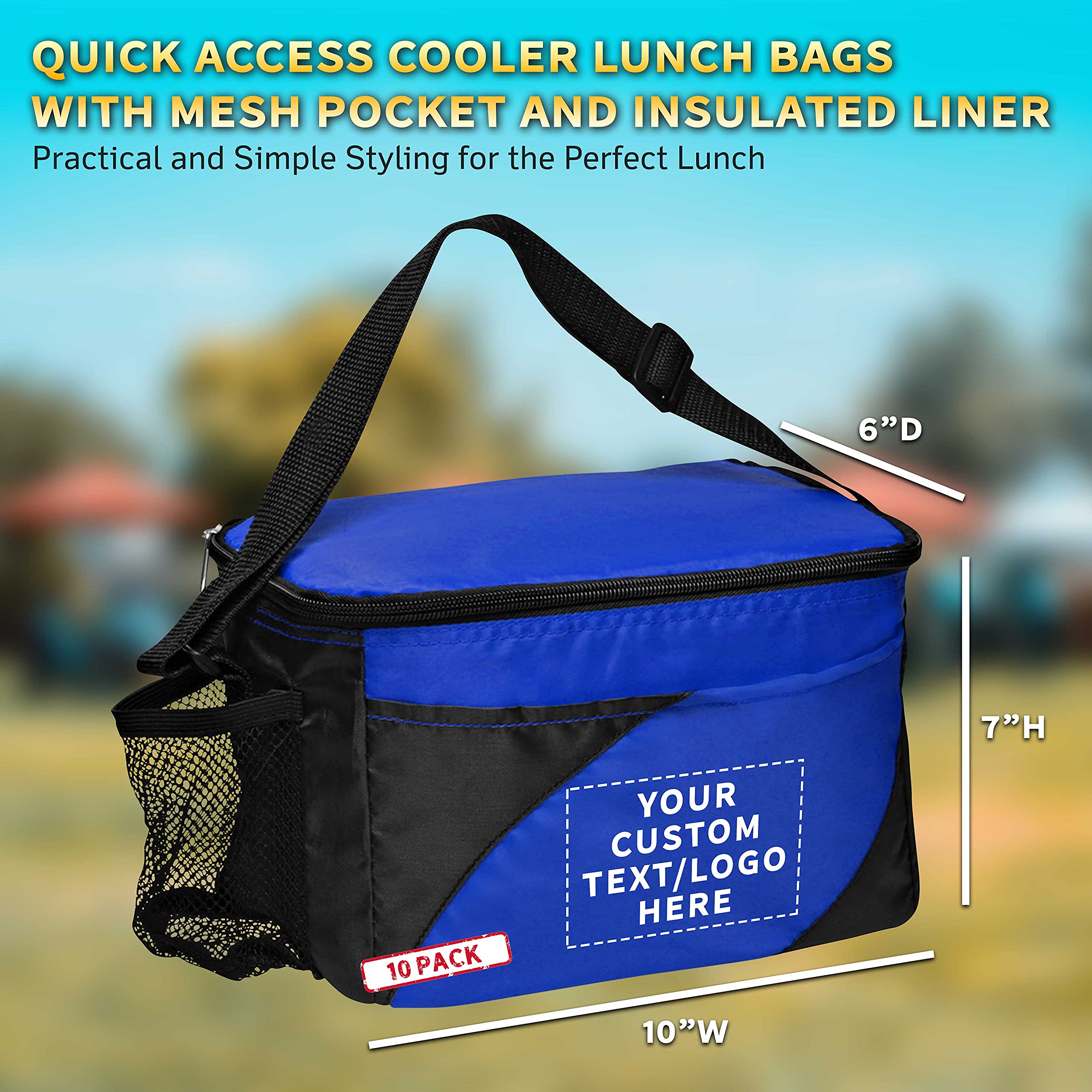 10 Pack Insulated Cooler Lunch Bags with Front & Side Pockets - Custom Text/Logo - Perfect for School, Work, Picnics & Outdoor Activities - Blue