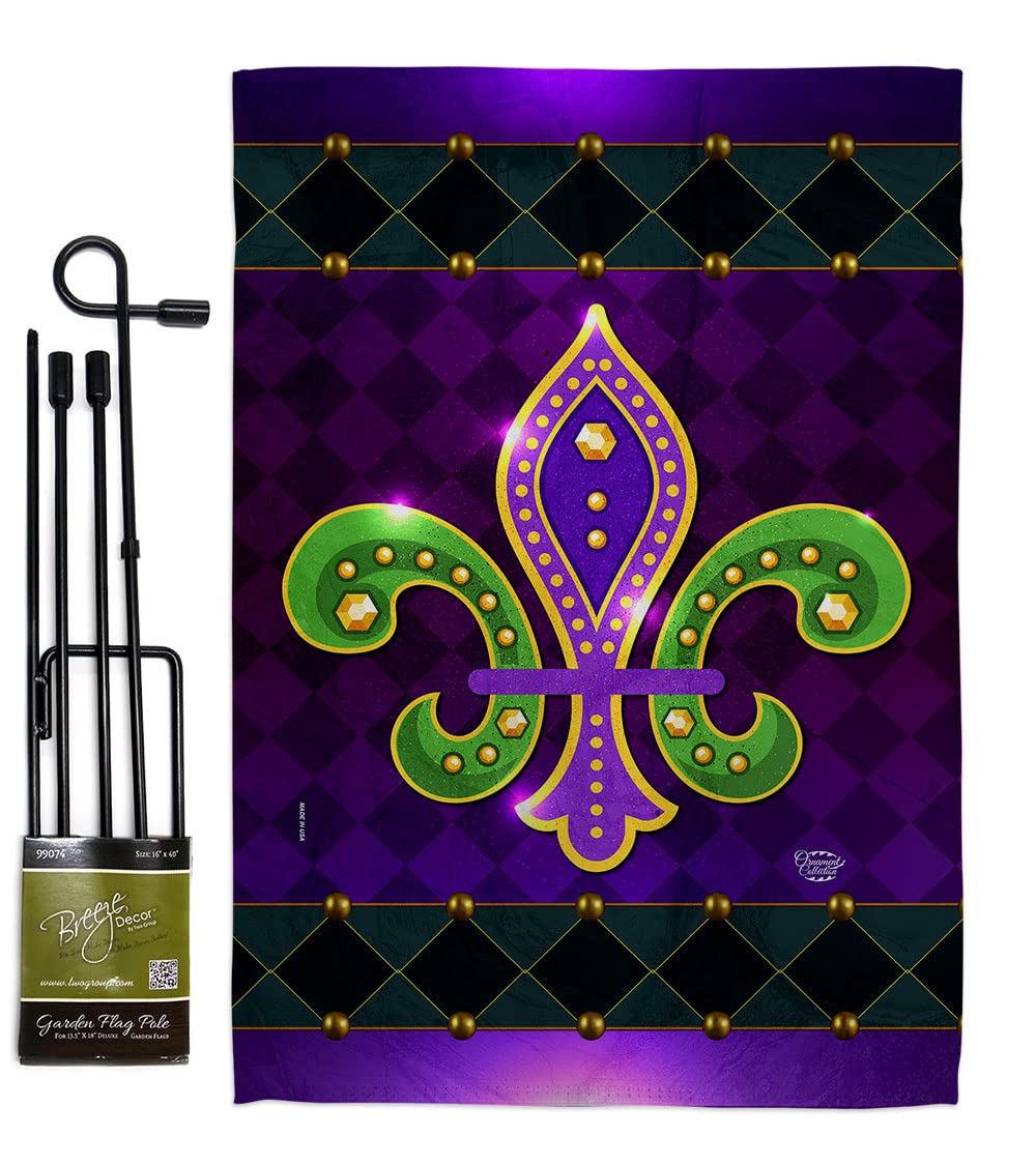 Purple Green Fleur De Lys Garden Flag - Double-Sided 13x18.5 for Spring & Mardi Gras Decor