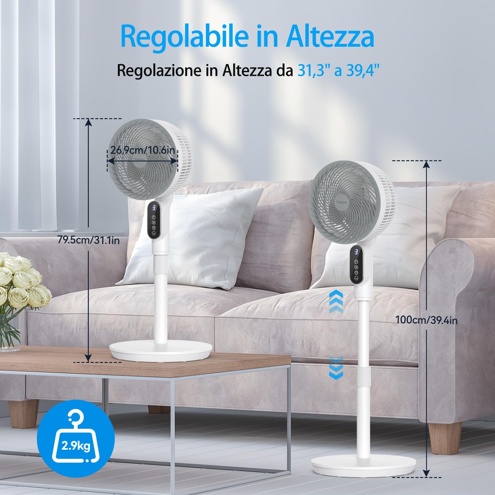 Timiyou Tower Fan with Remote Control, 6 Speed Settings, 90° Oscillation, 9-Hour Timer & Adjustable Height - Quiet Standing Air Circulator for Home, Bedroom, Office & Living Room Cooling