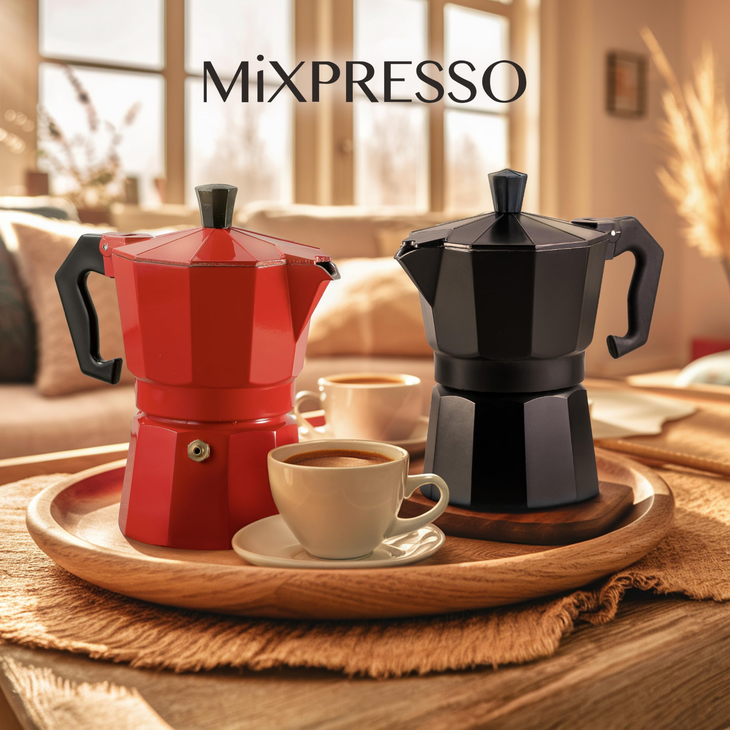 Mixpresso Aluminum Moka Pot Stovetop Espresso Maker - 3 Cup (5 oz) Italian Coffee Brewer for Gas & Electric Stoves with Bonus Coffee Mug - Perfect for Home, Office & Camping Espresso Brewing