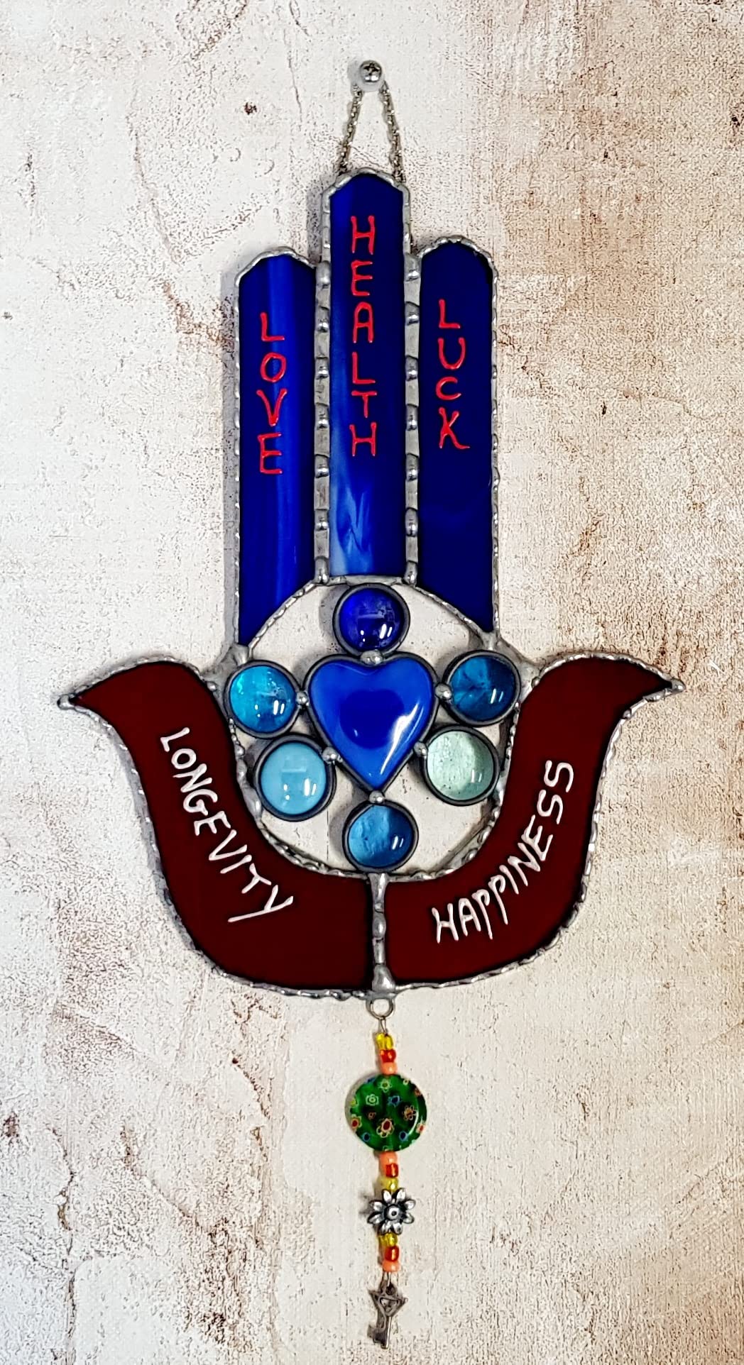 Beautiful Hamsa With 5 Blessings Stained Glass Wall Art - Spiritual Home Decor, Good Luck Gift for Jewish Holidays, Housewarming & Protection - Perfect for Living Room, Bedroom or Office Decor