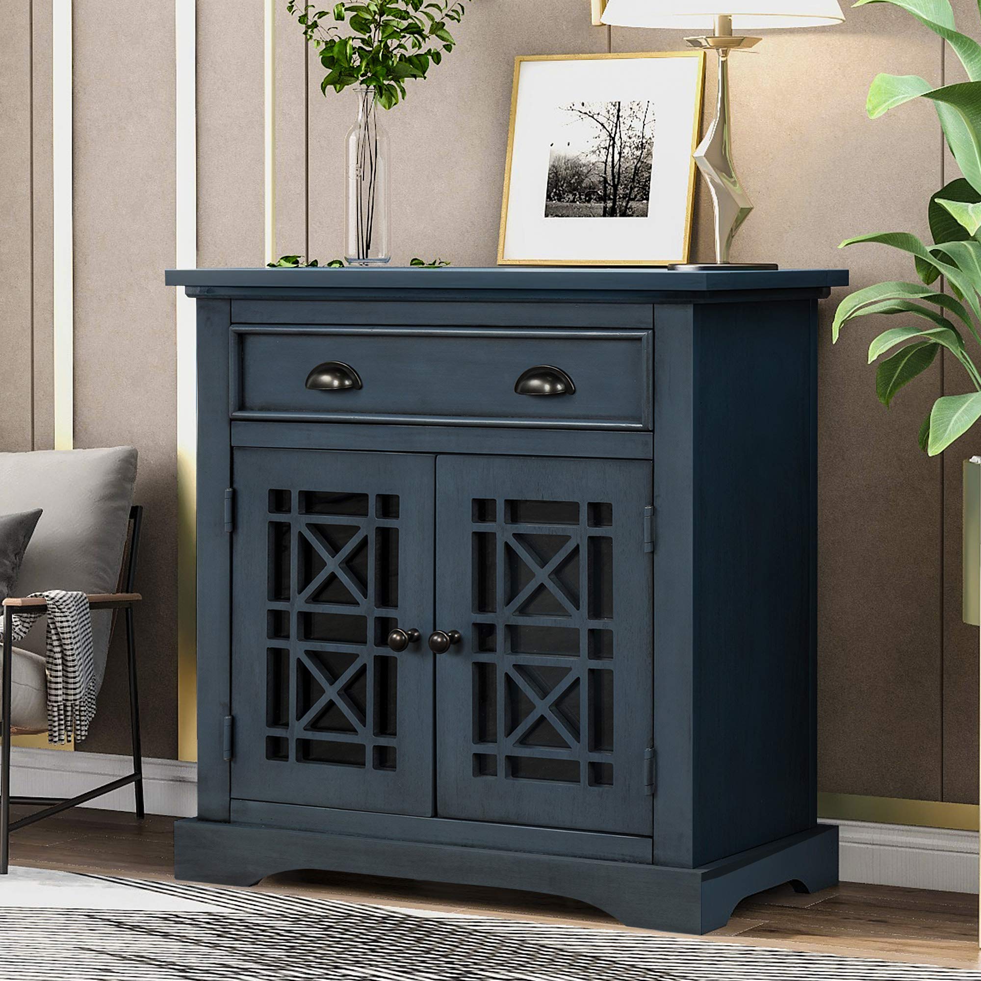 Antique Navy Wood Buffet Sideboard - Kitchen Storage Cabinet with Large Drawer & 2 Doors - Elegant Entryway Accent Cabinet for Living Room, Bedroom, Dining Room - Fully Assembled Solid Wood Server Cupboard for Home Decor & Organization