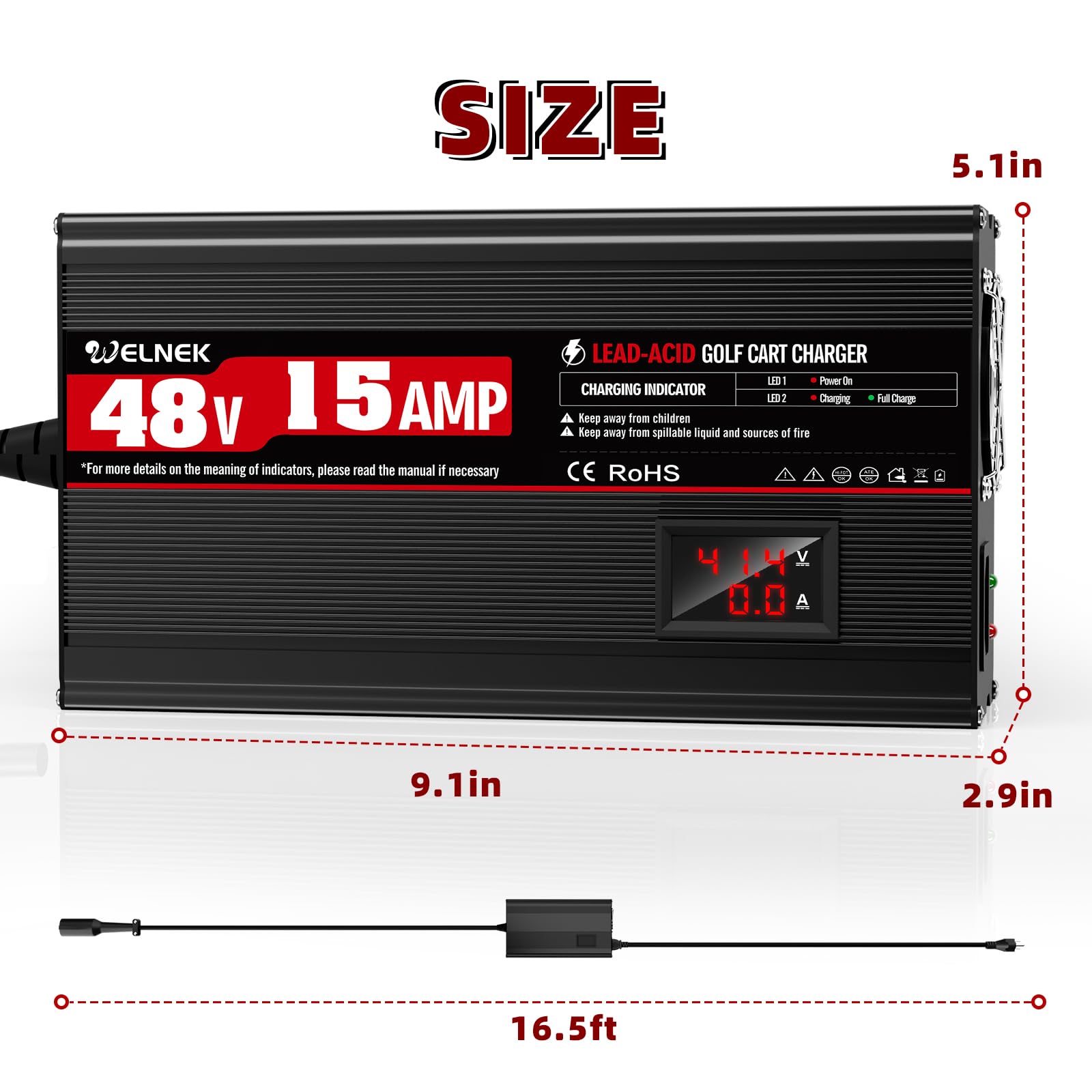48V 15A Golf Cart Battery Charger for Club Car Precedent & DS - 900W 48 Volt Trickle Charger with 3-Pin Circle Plug | Fast 4-6 Hour Full Charge for Lead Acid Batteries | Perfect for Golf Courses, Resorts & Home Use