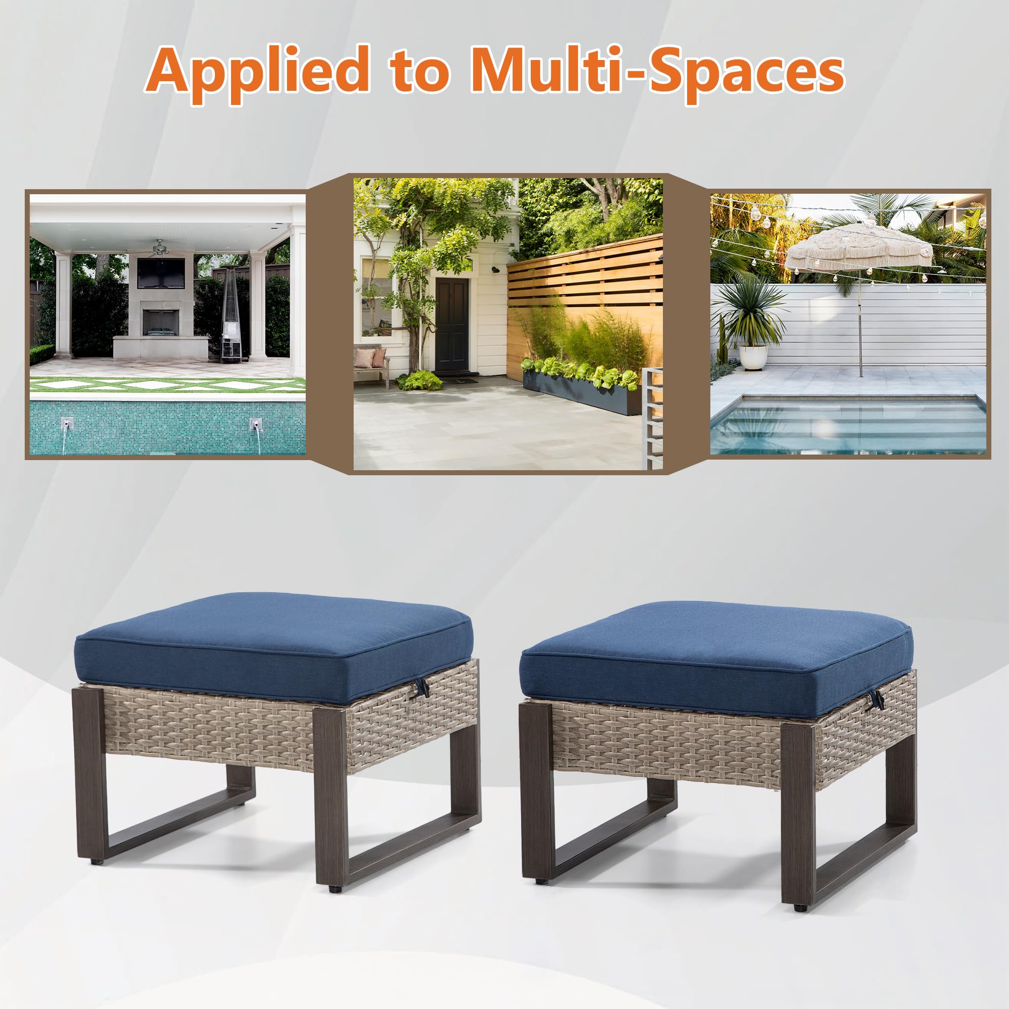 2-Piece Outdoor Patio Ottoman Set - All-Weather PE Rattan Footstools with Removable Cushions & Rust-Proof Steel Frame - Perfect for Garden, Backyard, Porch & Deck (Dark Blue) - Great for Relaxing, Entertaining & Outdoor Lounging