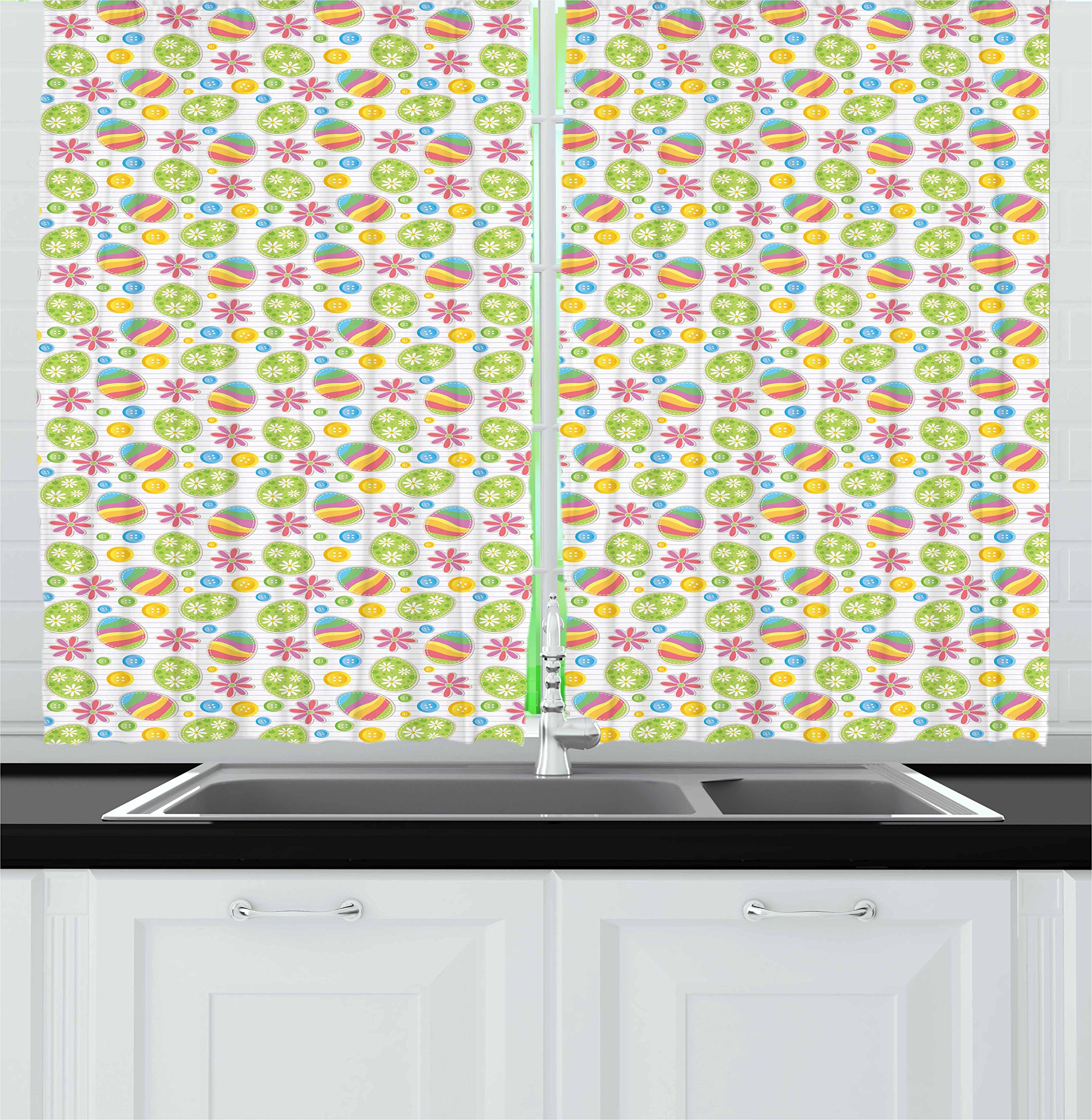 Ambesonne Easter Kitchen Curtains - Patchwork Style Scrapbook Design with Daisy Buttons & Eggs, 2-Panel Window Drapes for Kitchen & Cafe Decor, 55 x 39 Inches, Multicolor - Perfect for Spring Home Decor, Easter Party, and Farmhouse Style Kitchens
