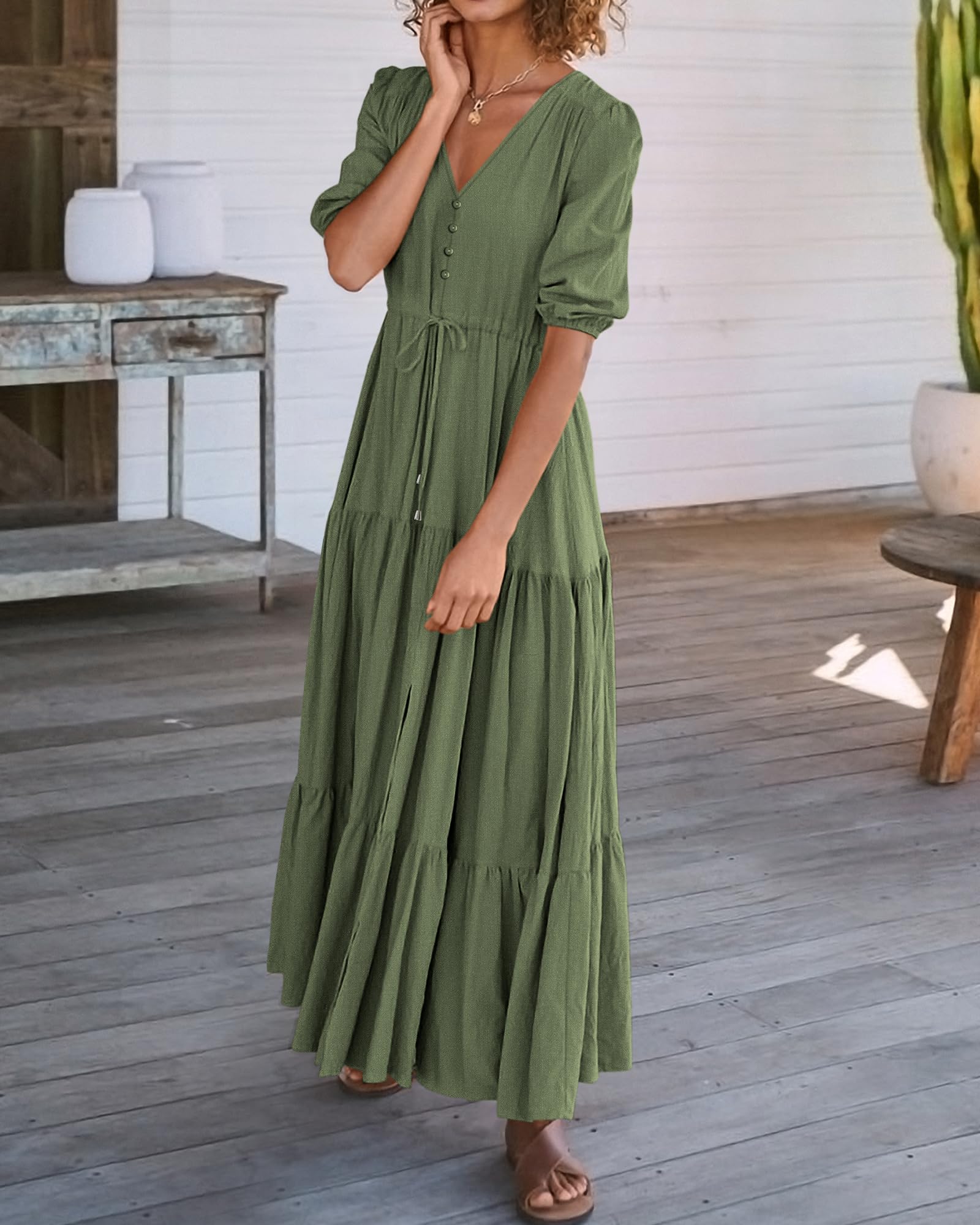 BTFBM Women's Summer Maxi Dress - Short Sleeve V-Neck Button Down Boho Long Dress with Drawstring Waist | Casual Beach, Vacation & Party Wear