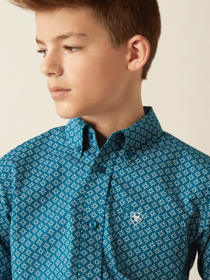 Ariat 10054073 Kids Petey Classic Fit Shirt - Dark Teal Cotton Western Shirt for Boys & Girls - Perfect for Rodeo, Horseback Riding & Casual Wear