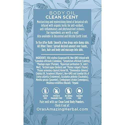 Ora's Amazing Herbal Natural Body Powder & Oil Set - Talc-Free, Corn-Free, Grain-Free, Gluten-Free Dusting Powder (2.5 oz) with Travel-Size Clean Scent Body Oil (2 oz) | Perfect for Travel, Post-Shower Moisturizing & Sensitive Skin Care
