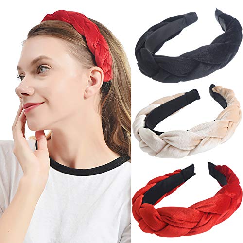 3 Pack Velvet Headbands for Women - 90s Vintage Alice Braided Hair Bands, Thick Elastic Hair Hoops & Hair Accessories for Women & Girls | Perfect for Casual Wear, Work, Yoga & Retro Fashion Styles