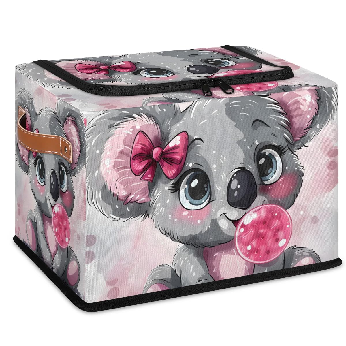 Cute Koala Bow Storage Bins with Zipper Lid - 2pcs Stackable Closet Organizer Baskets with Metal Frame & PU Handles - Perfect for Clothes, Toys, and Home Organization
