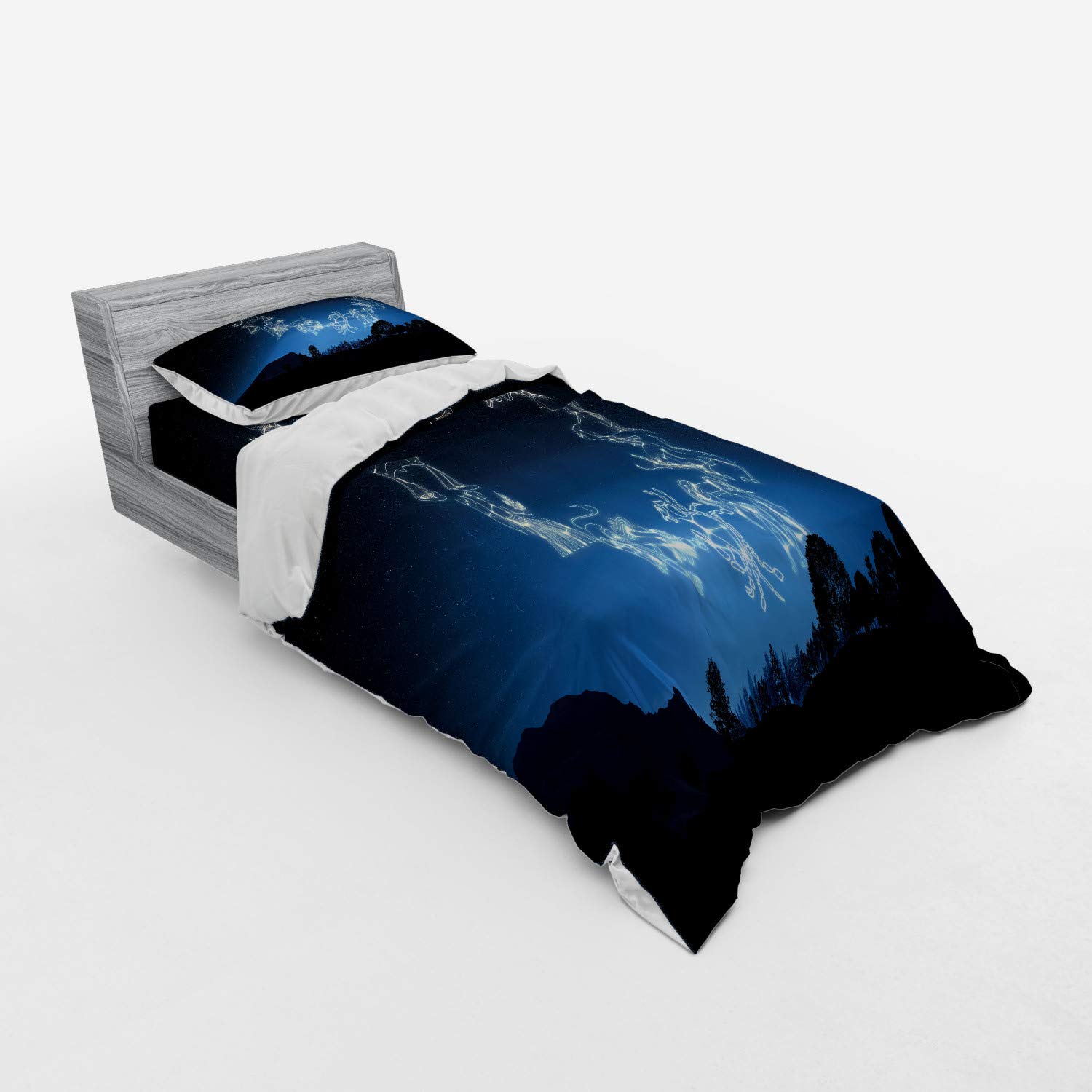 Ambesonne Astrology Bedding Set - 3 Piece Twin XL Duvet Cover with Sham & Fitted Sheet, Dark Blue & White Zodiac Dot Print for Night Sky Theme Bedroom Decor | Perfect for Teens, Dorms & Celestial Lovers